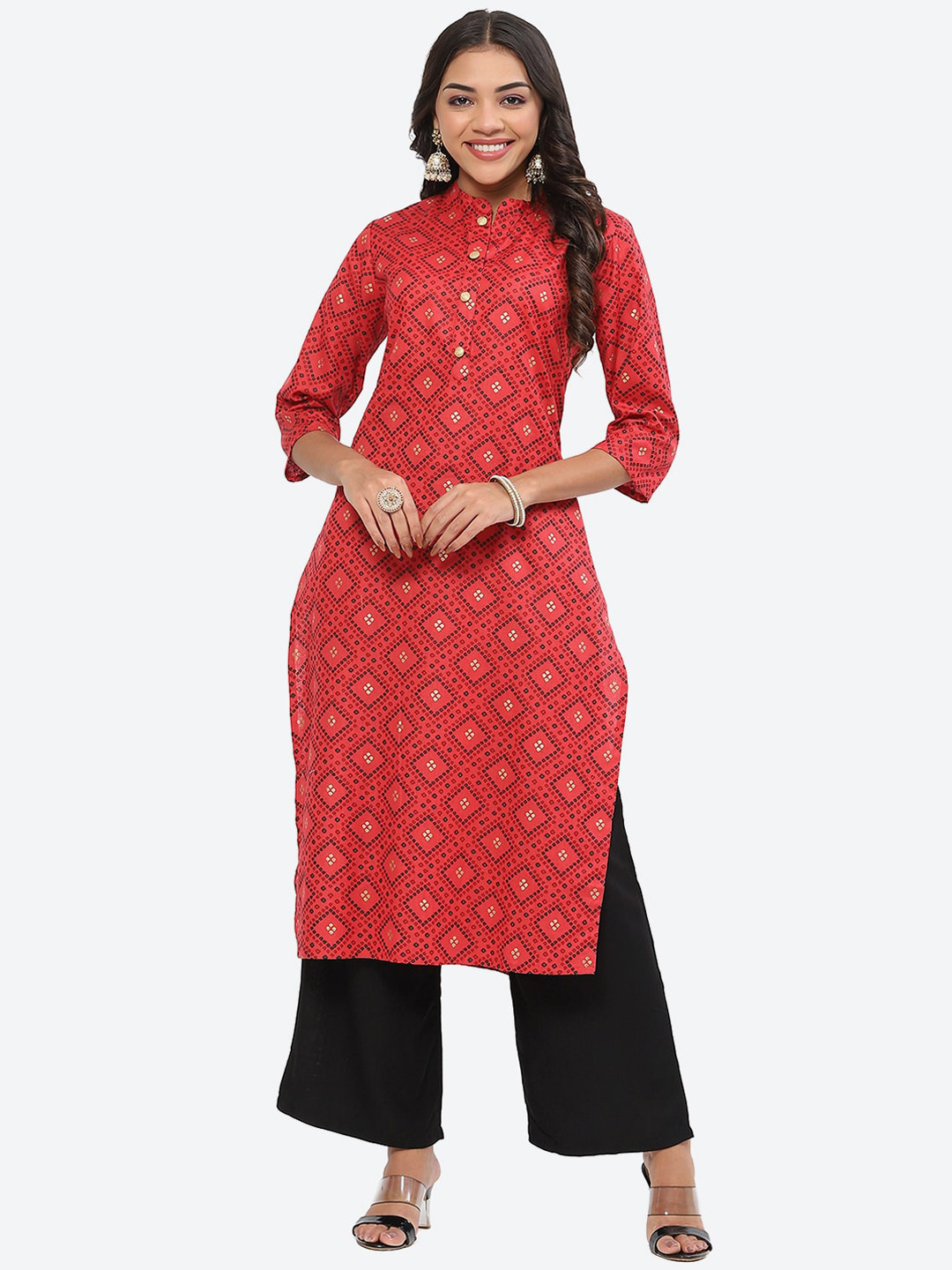 Kurti's by Menka Bandhani Printed Mandarin Collar Straight Cotton Kurta
