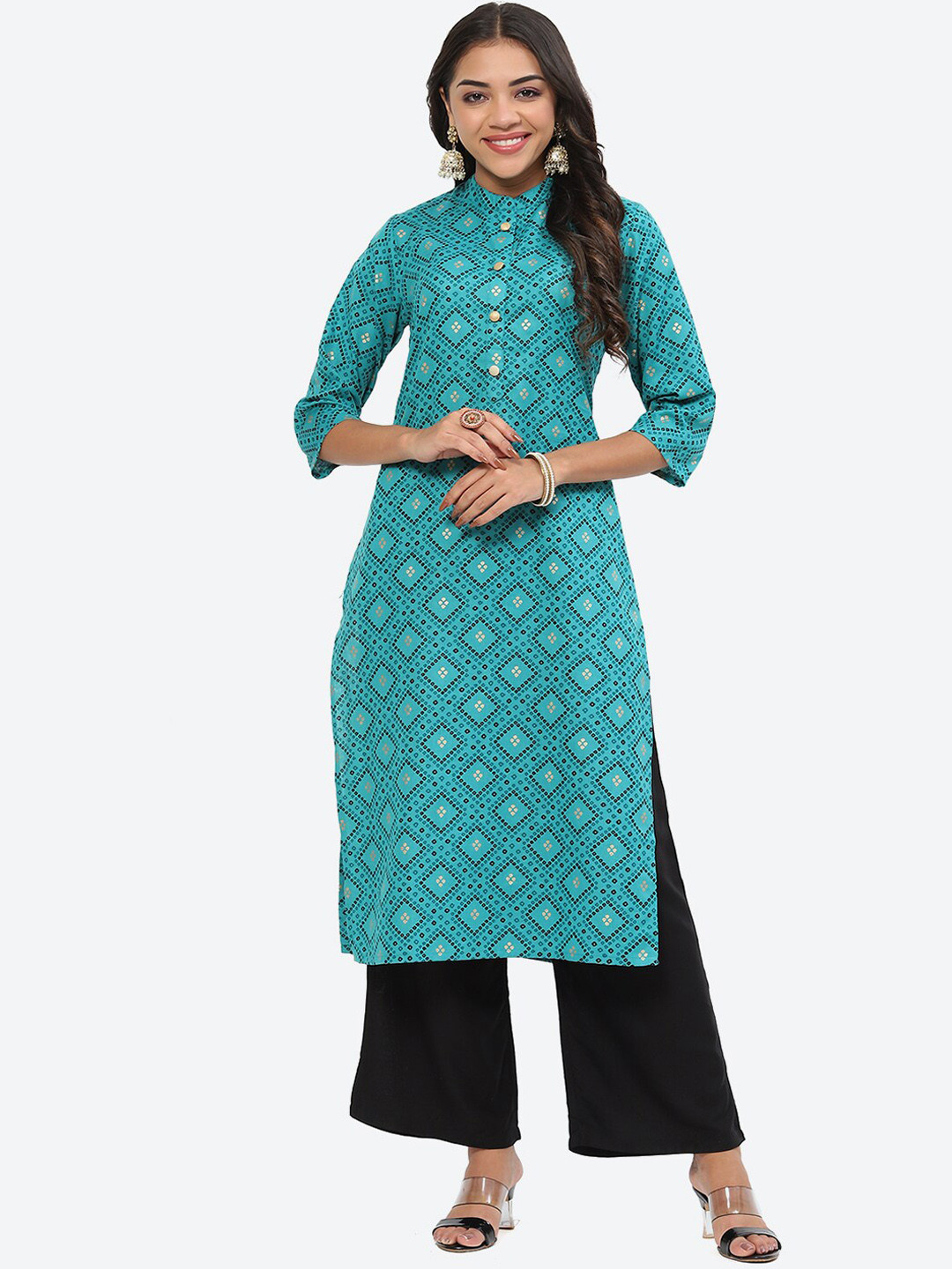 Kurti's by Menka Bandhani Printed Mandarin Collar Straight Kurta