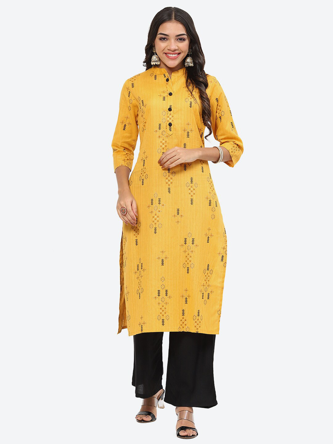 Kurti's by Menka Tribal Woven Design Mandarin Collar Straight Cotton Kurta