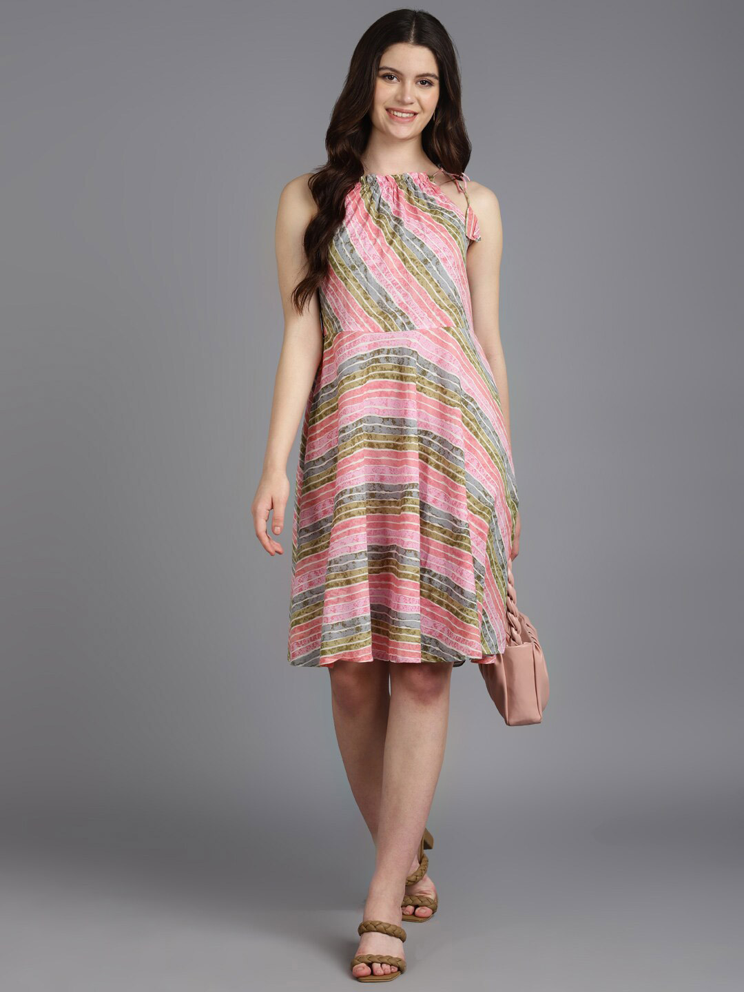 ZARI Striped Halter Neck Cotton A-Line Dress