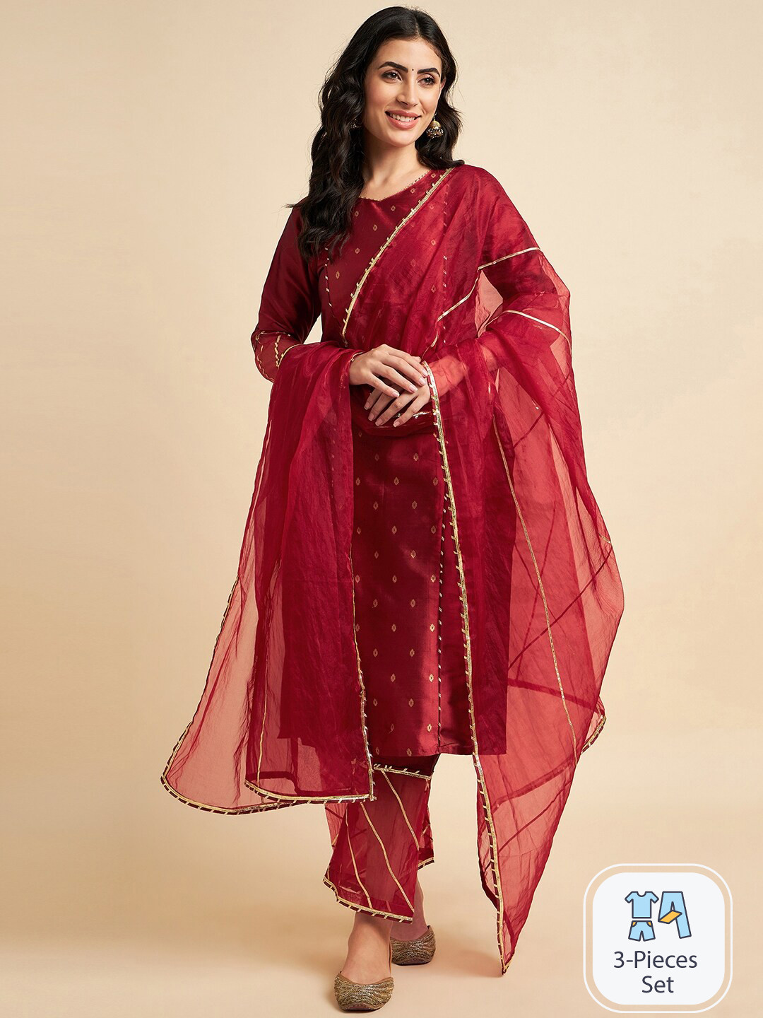 Azira Woven Design Gotta Patti Straight Kurta With Palazzos & Dupatta