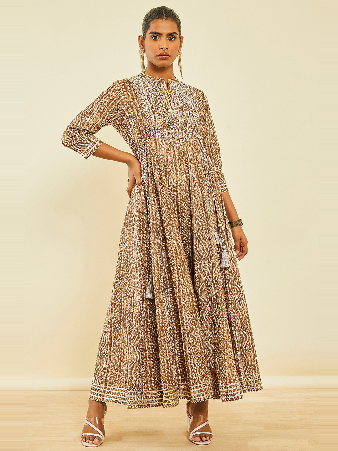 Soch Bandhani Printed Mandarin Collar Mirror Work Maxi Ethnic Dress