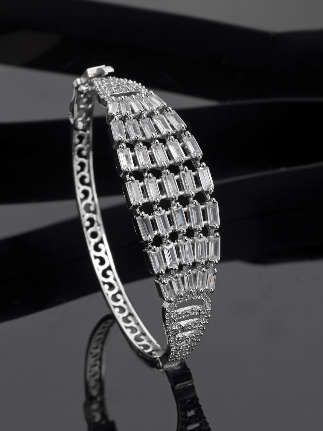 ZENEME Rhodium-Plated Silver Toned American Diamond Cuff Bracelet