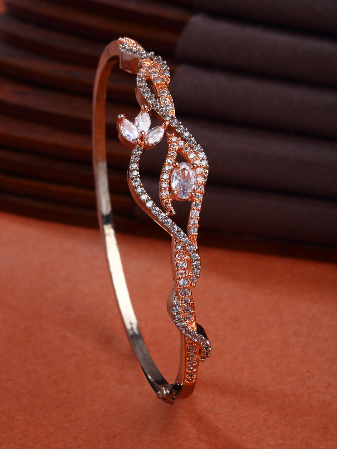 ZENEME Rose Gold -Plated Black Toned American Diamond Cuff Bracelet