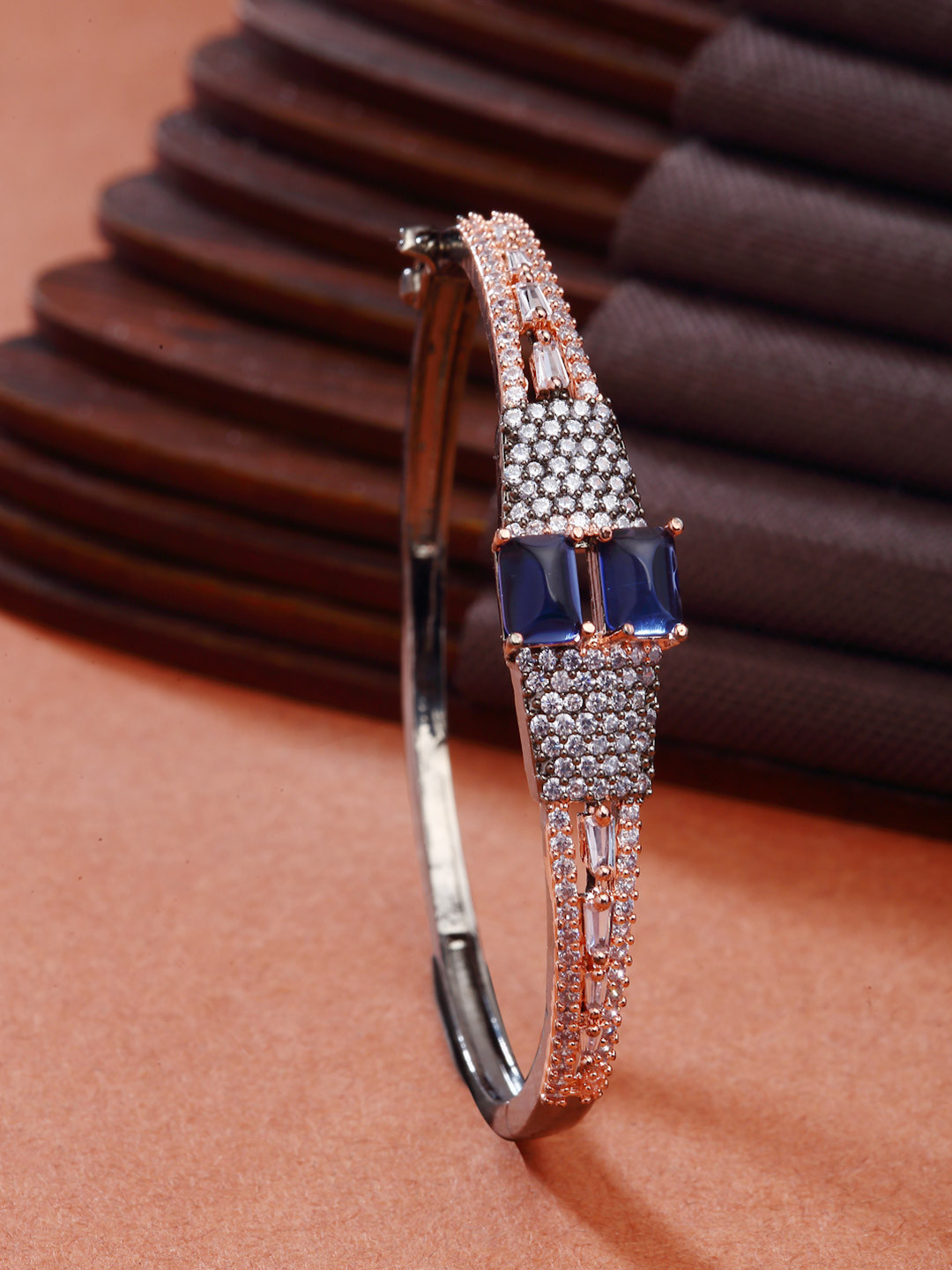 ZENEME Rose Gold-Plated Gunmetal Toned Blue AD Studded Cuff Bracelet