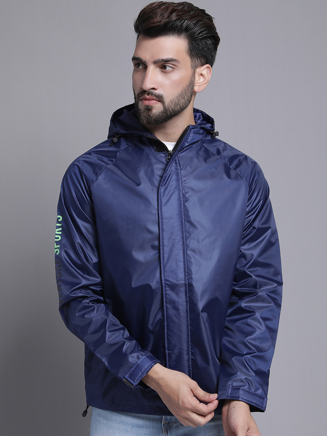 HOUSE OF VEDAS Men Navy Blue Checked Windcheater and Water Resistant Outdoor Sporty Jacket