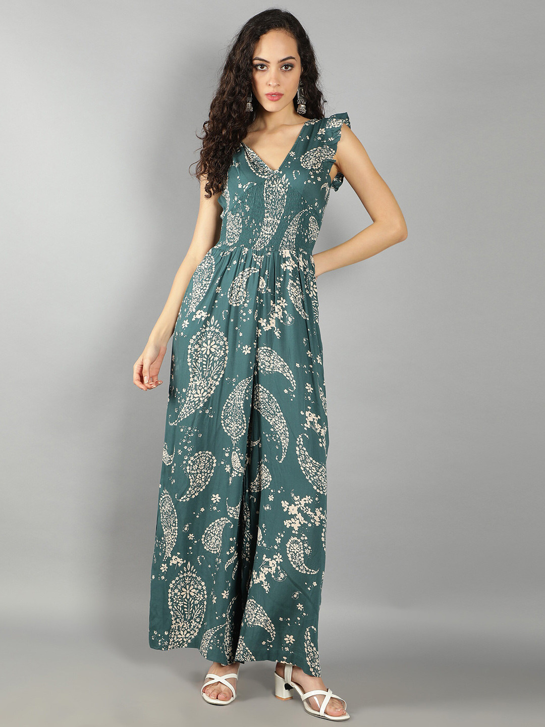 DEBONATELLA Paisley Printed V-Neck Smocked Basic Jumpsuit