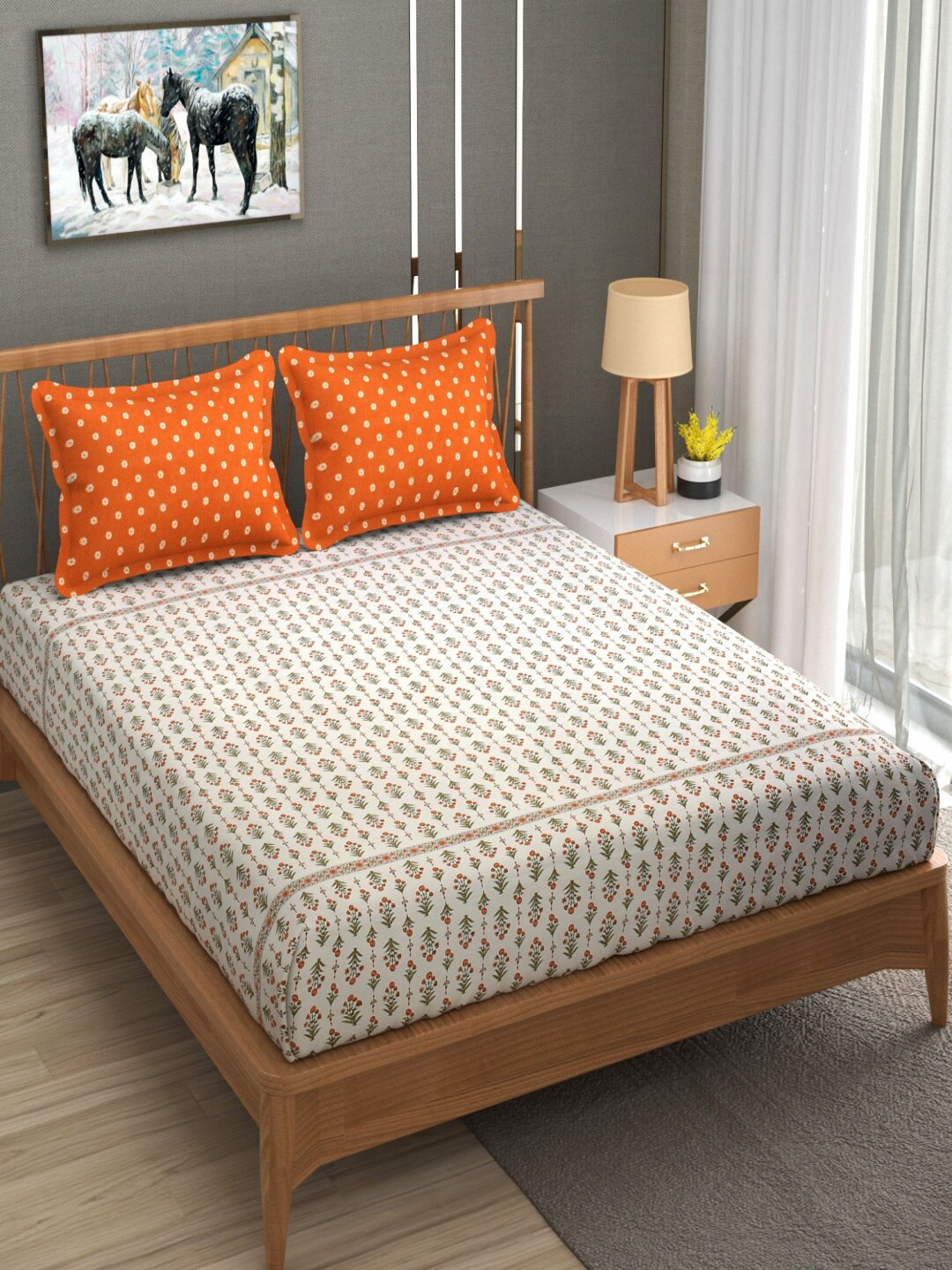 Homefab India Blossom White Ethnic Motifs Cotton 210 TC King Fine Bedsheet with 2 Pillow Covers-91 x 106 inches