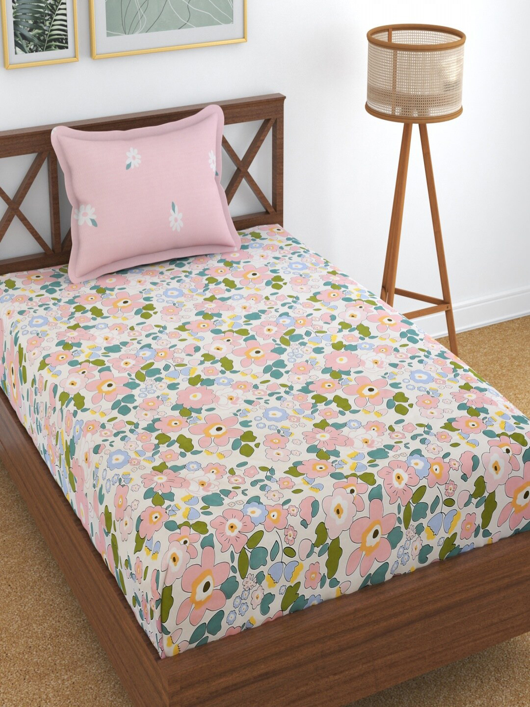 Homefab India Blossom Pink & White Floral Cotton 210 TC Single Bedsheet & 1 Pillow Cover