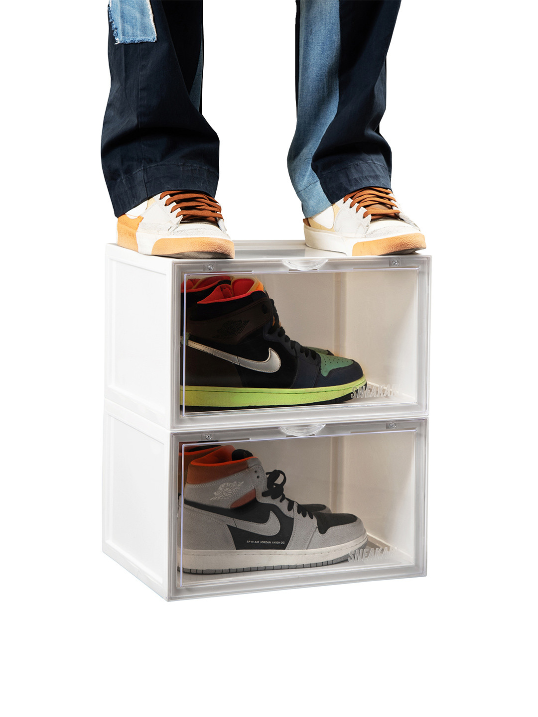 SNEAKARE Pack of 2 White Side Drop Shoe Rack & Storage Box Shoe Organiser