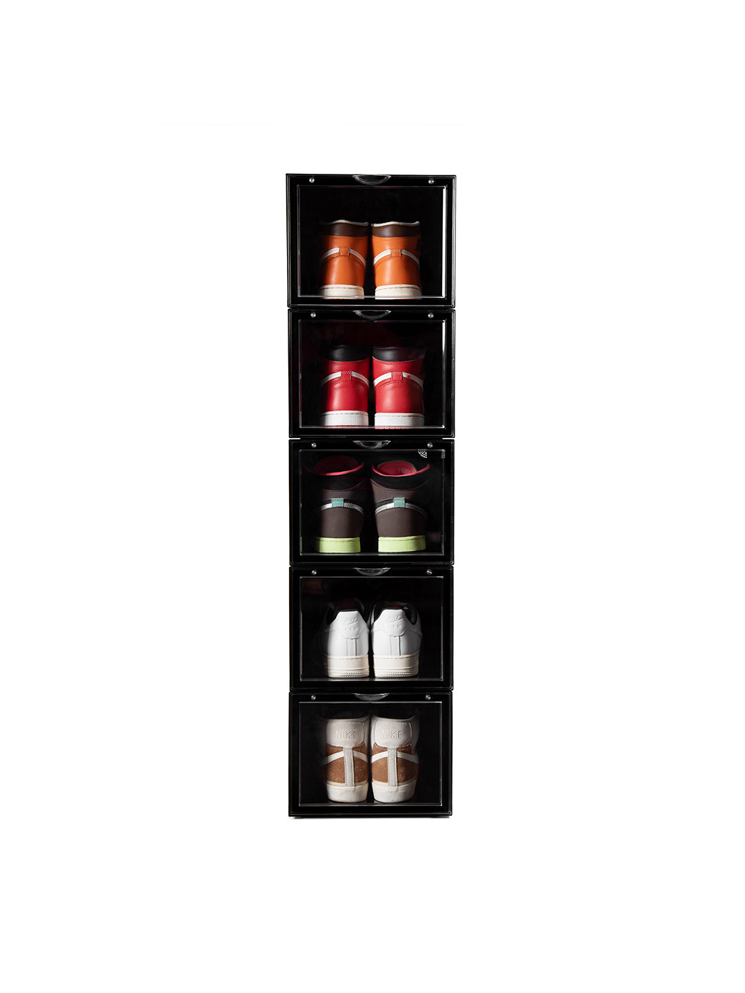 SNEAKARE Pack of 5 Black Front Drop Shoe Rack & Storage Box Shoe Organiser