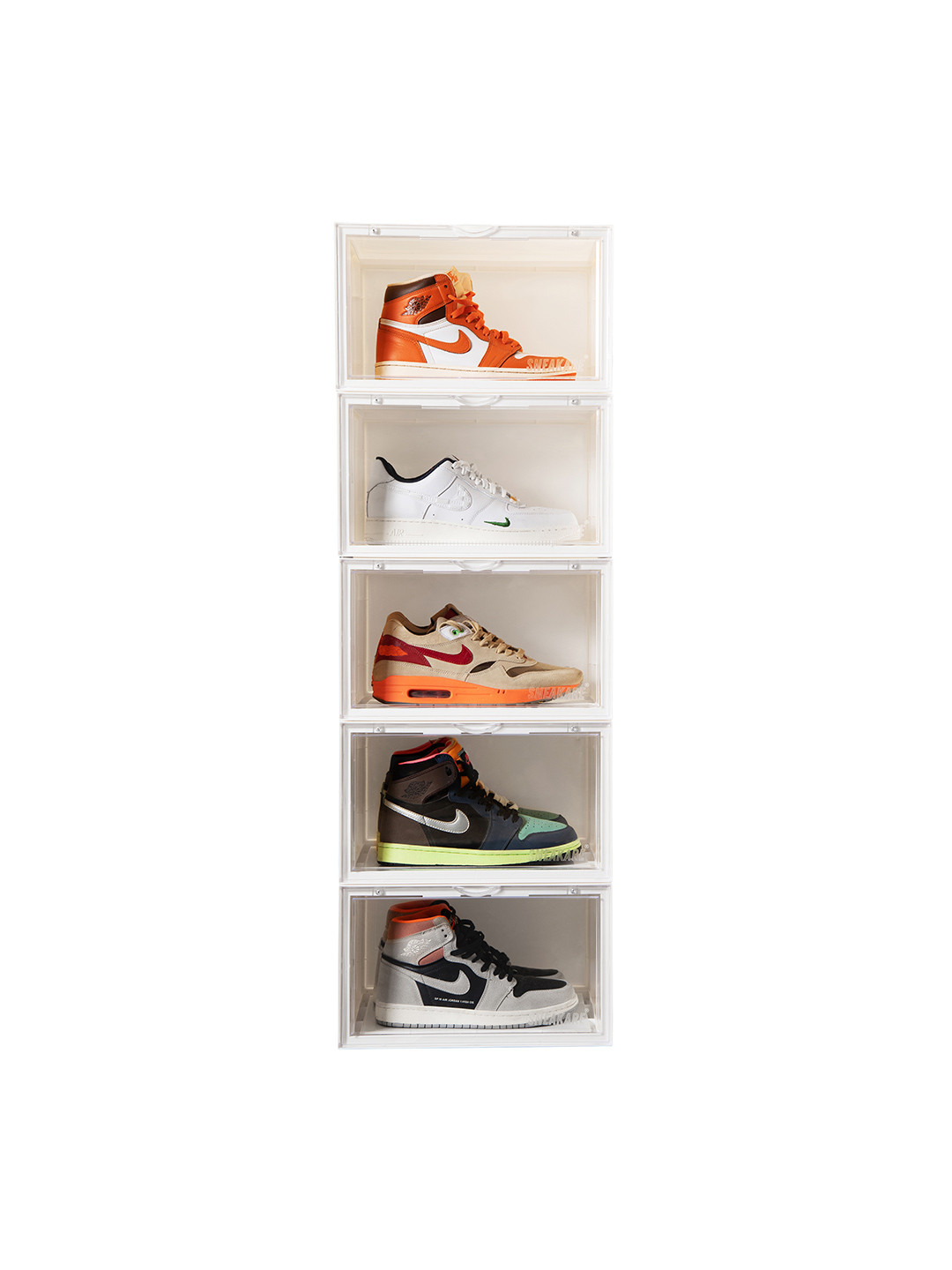 SNEAKARE Pack of 5 White Side Drop Shoe Rack & Storage Box Shoe Organiser