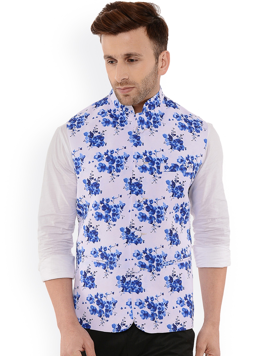 White floral nehru best sale jacket