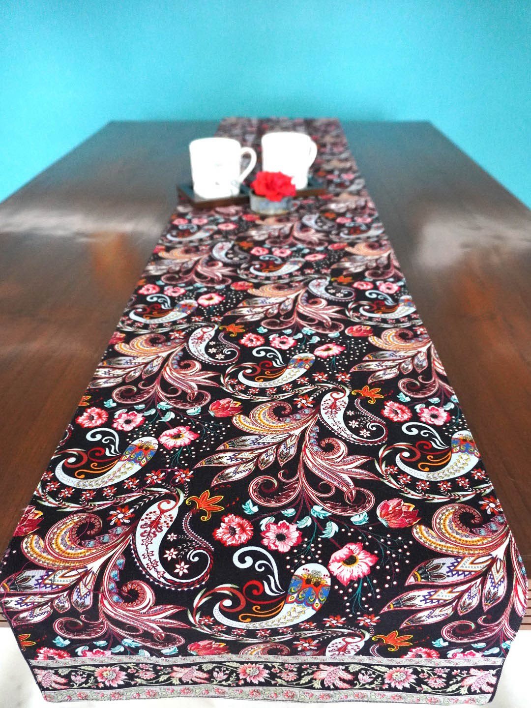 TARA- Sparkling Homes Black & Pink Printed Pure Cotton Reversible Table Runner