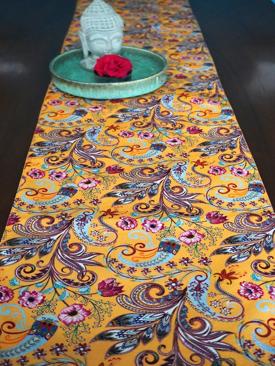 TARA- Sparkling Homes Yellow & Blue Printed Pure Cotton Reversible Table Runner