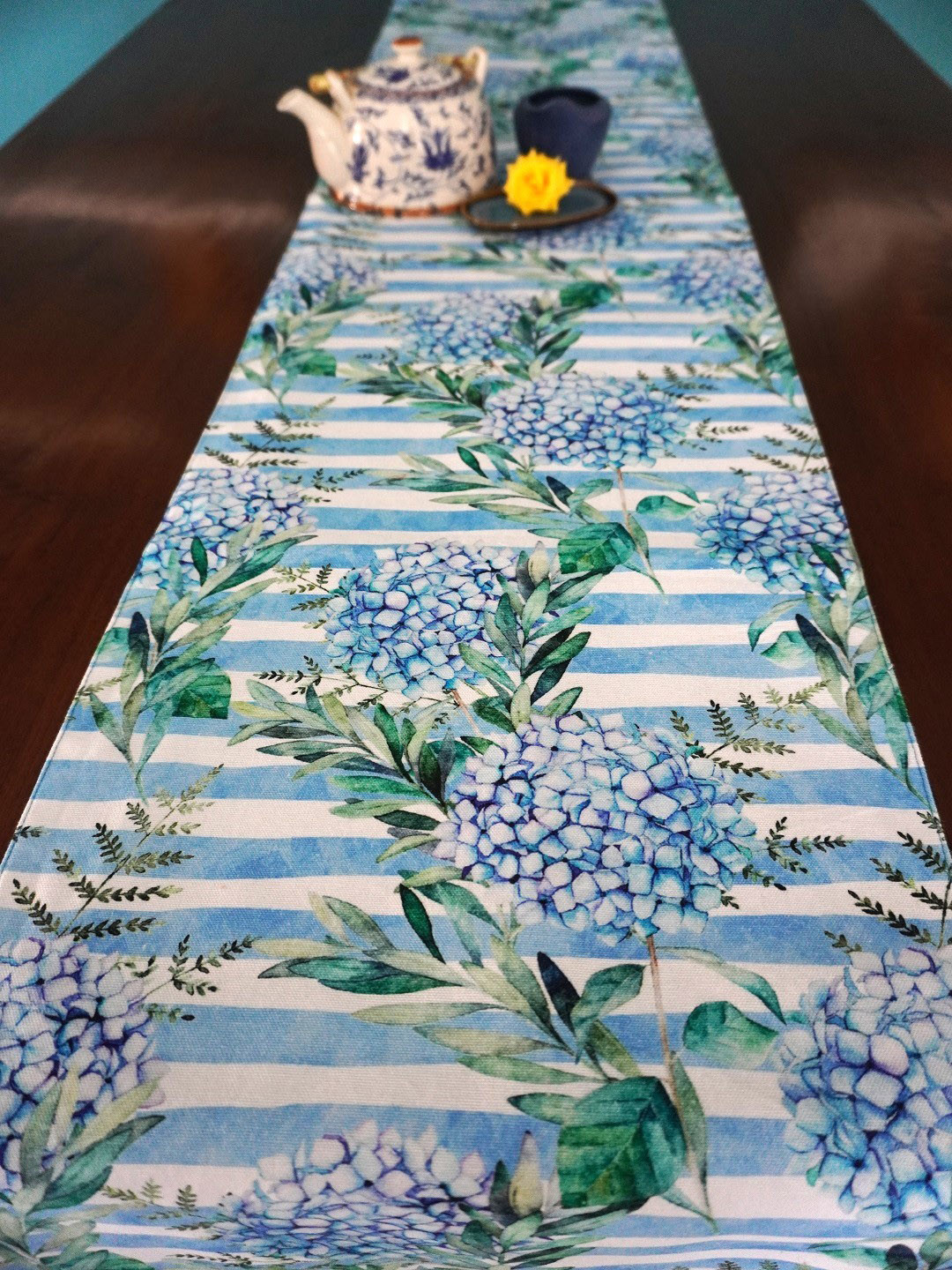 TARA- Sparkling Homes White & Blue Printed  Pure Cotton Reversible Table Runner