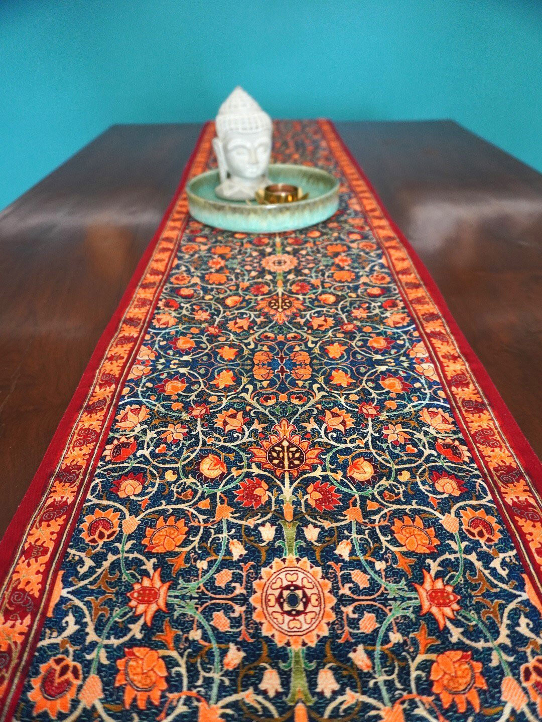 TARA- Sparkling Homes Blue & Red Printed Pure Cotton Reversible Table Runner