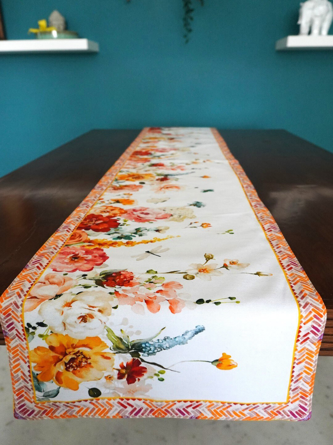 TARA- Sparkling Homes White & Orange Printed Pure Cotton Reversible Table Runner