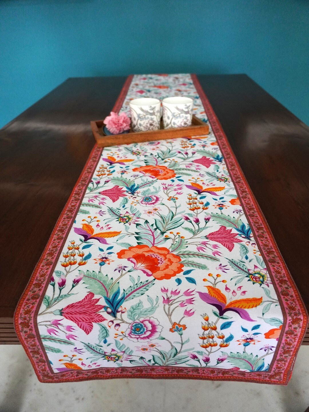 TARA- Sparkling Homes White & Peach-Coloured Printed Pure Cotton Reversible Table Runner