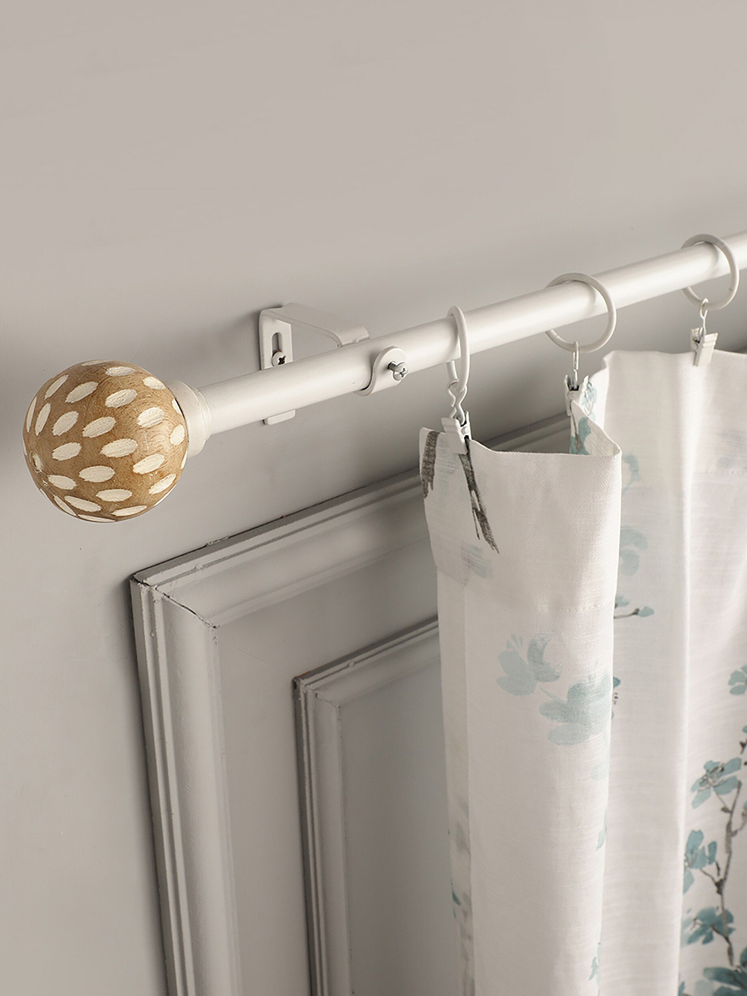 The Decor Mart White & Brown Extendable Curtain Rods With Brackets and Wooden Finial