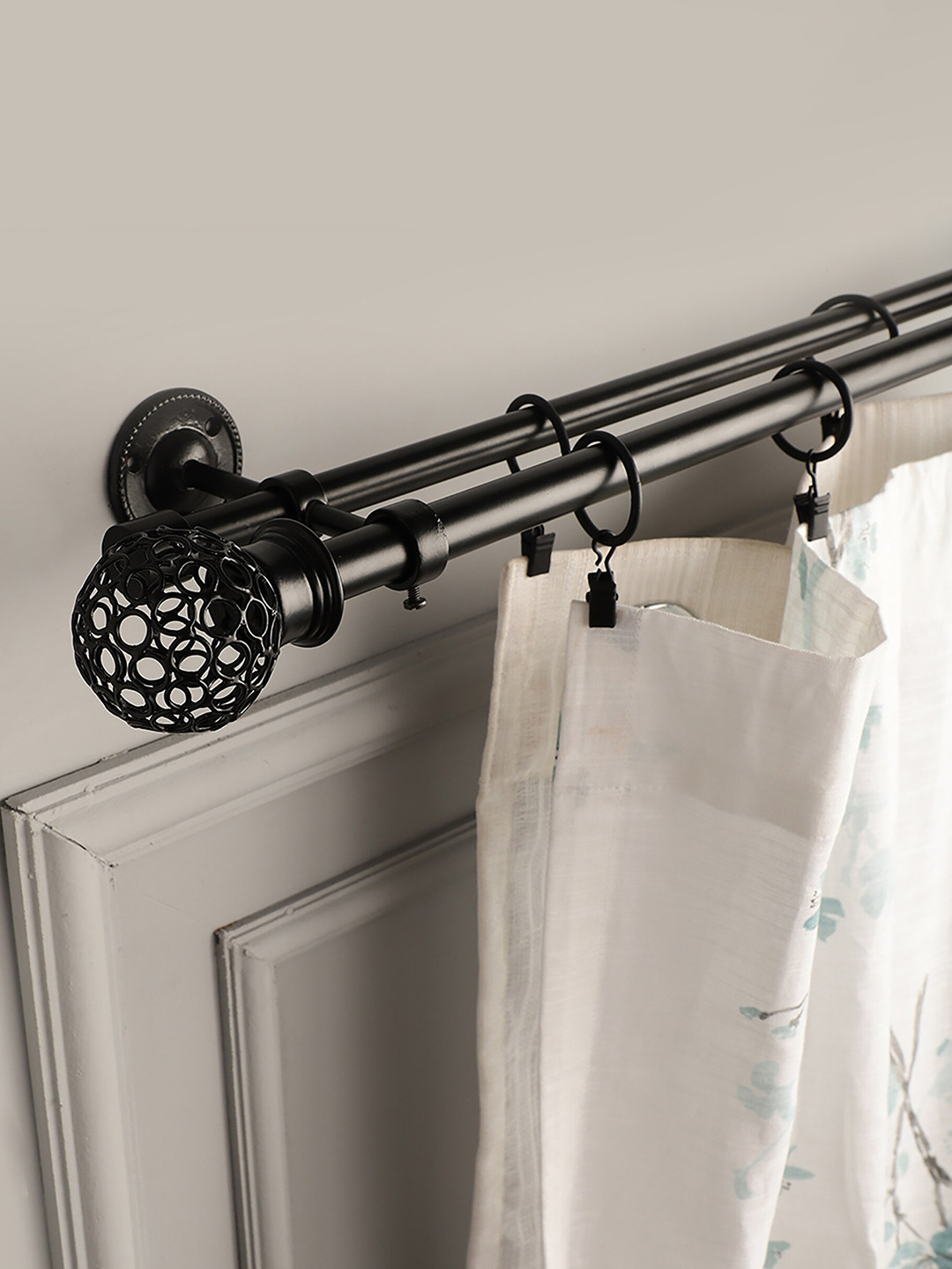 The Decor Mart Black Extendable Curtain Rods With Brackets and Wooden Finial