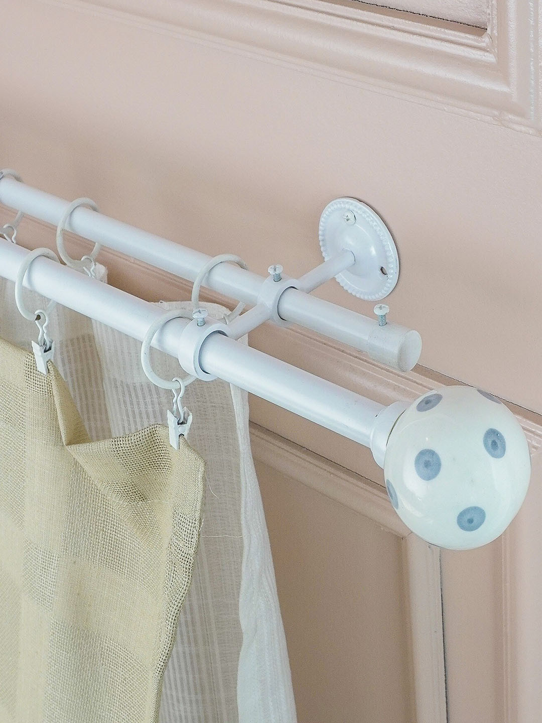 The Decor Mart White Extendable Curtain Rods With Brackets and Wooden Finial