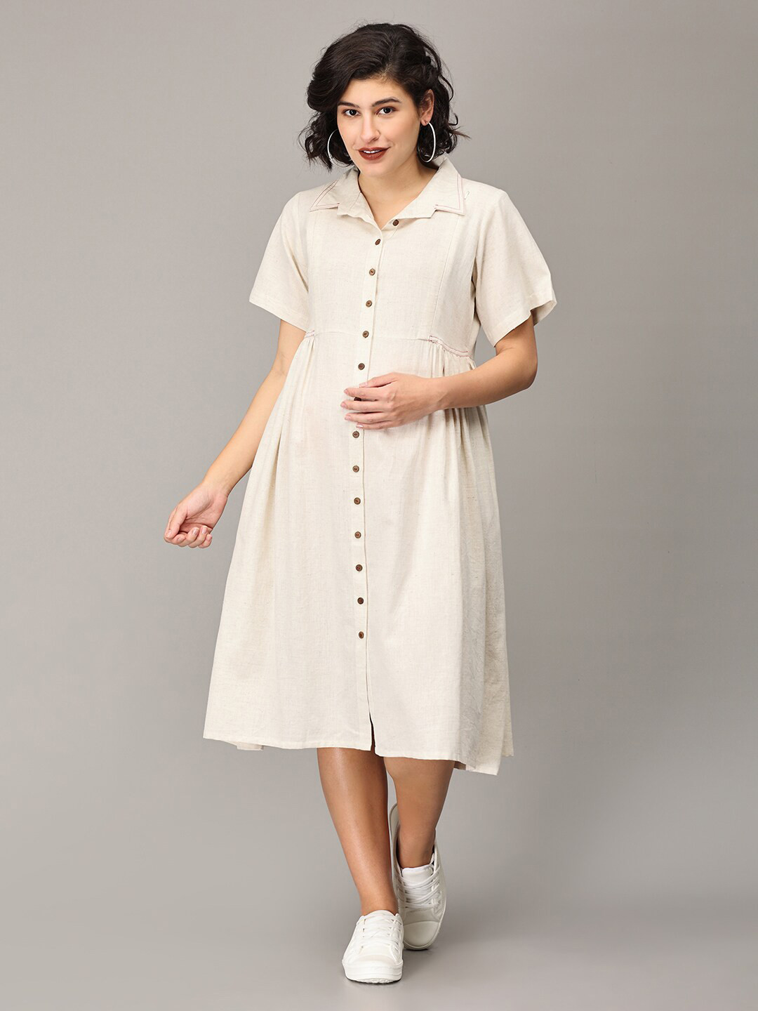 The Mom Store Cuban Collar Maternity and Nursing Shirt Midi Dress