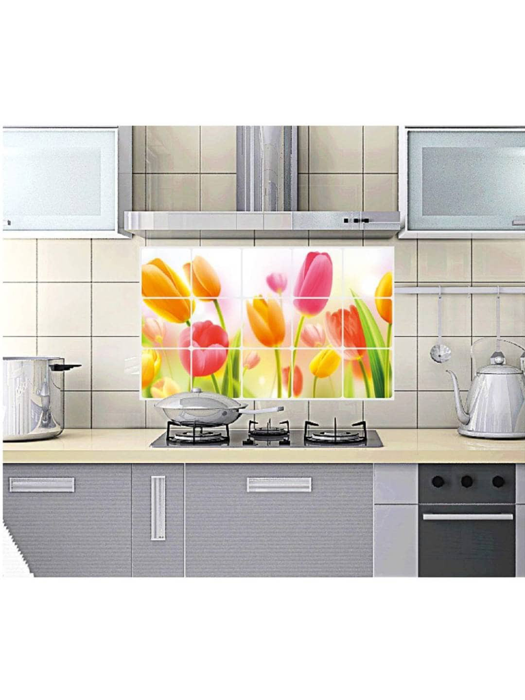 Jaamso Royals Orange & White Floral Water Proof Heat Resistant Kitchen Wall Sticker