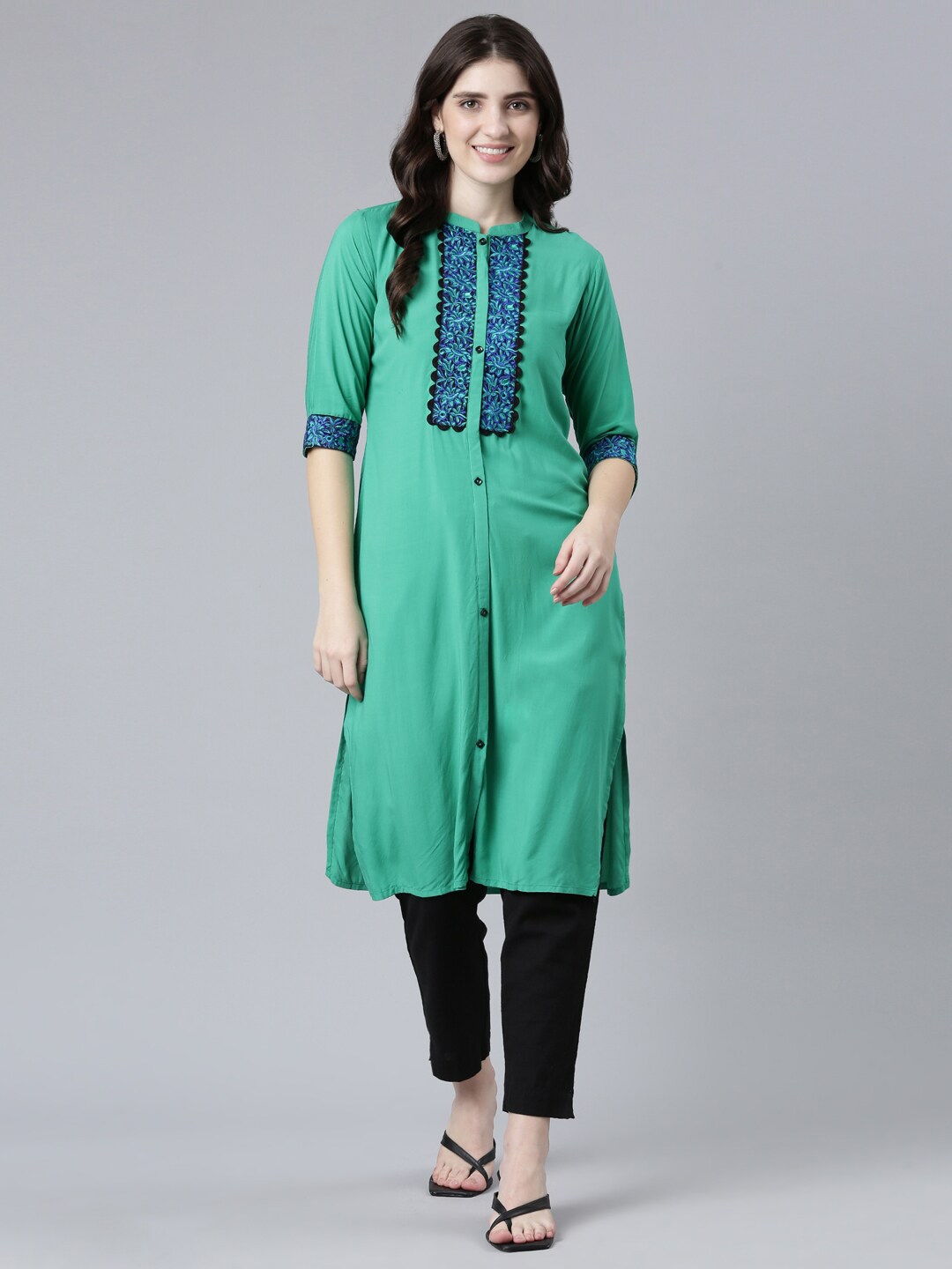 Neerus Floral Yoke Design Thread Work A-Line Kurta