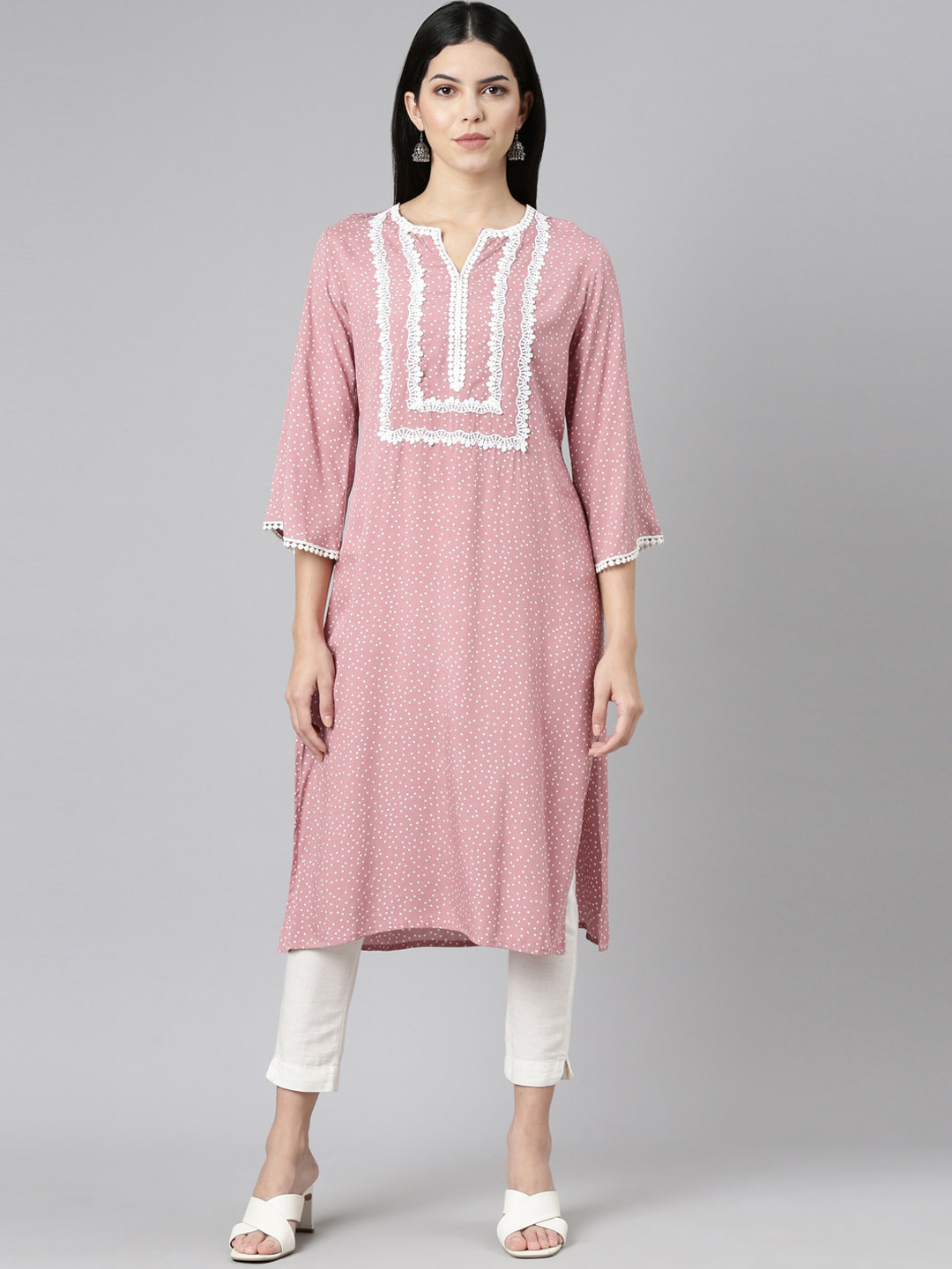 Neerus Polka Dots Printed Yoke Lace Up Flared Sleeves Straight Kurta