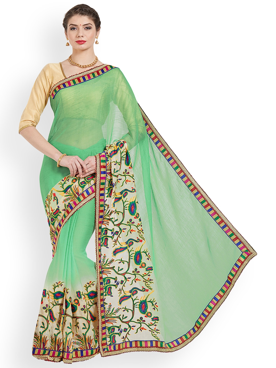 Kvsfab Green & Beige Poly Chiffon Embroidered Saree