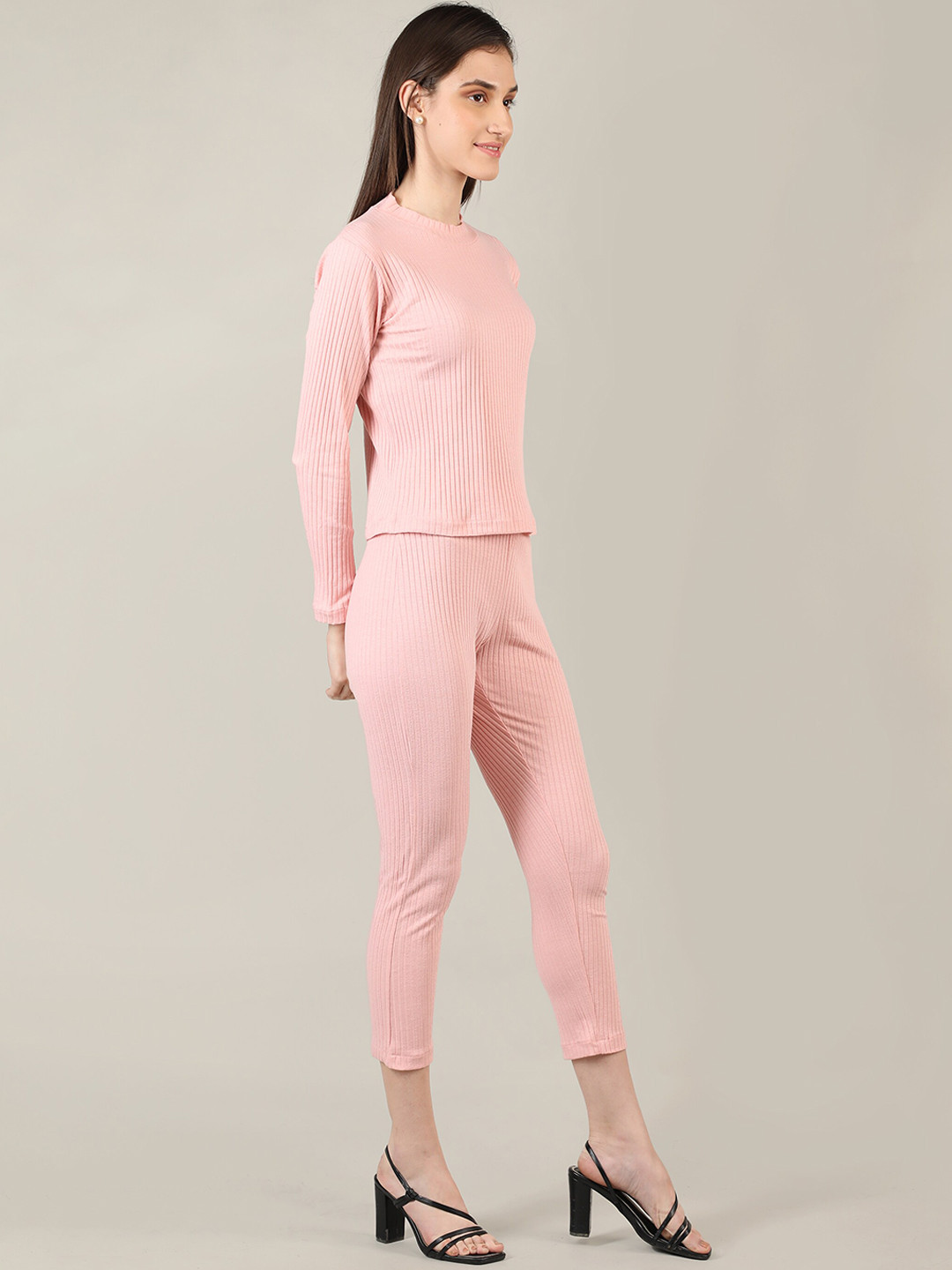 CHKOKKO Ribbed Round Neck Long Sleeve Co-Ord