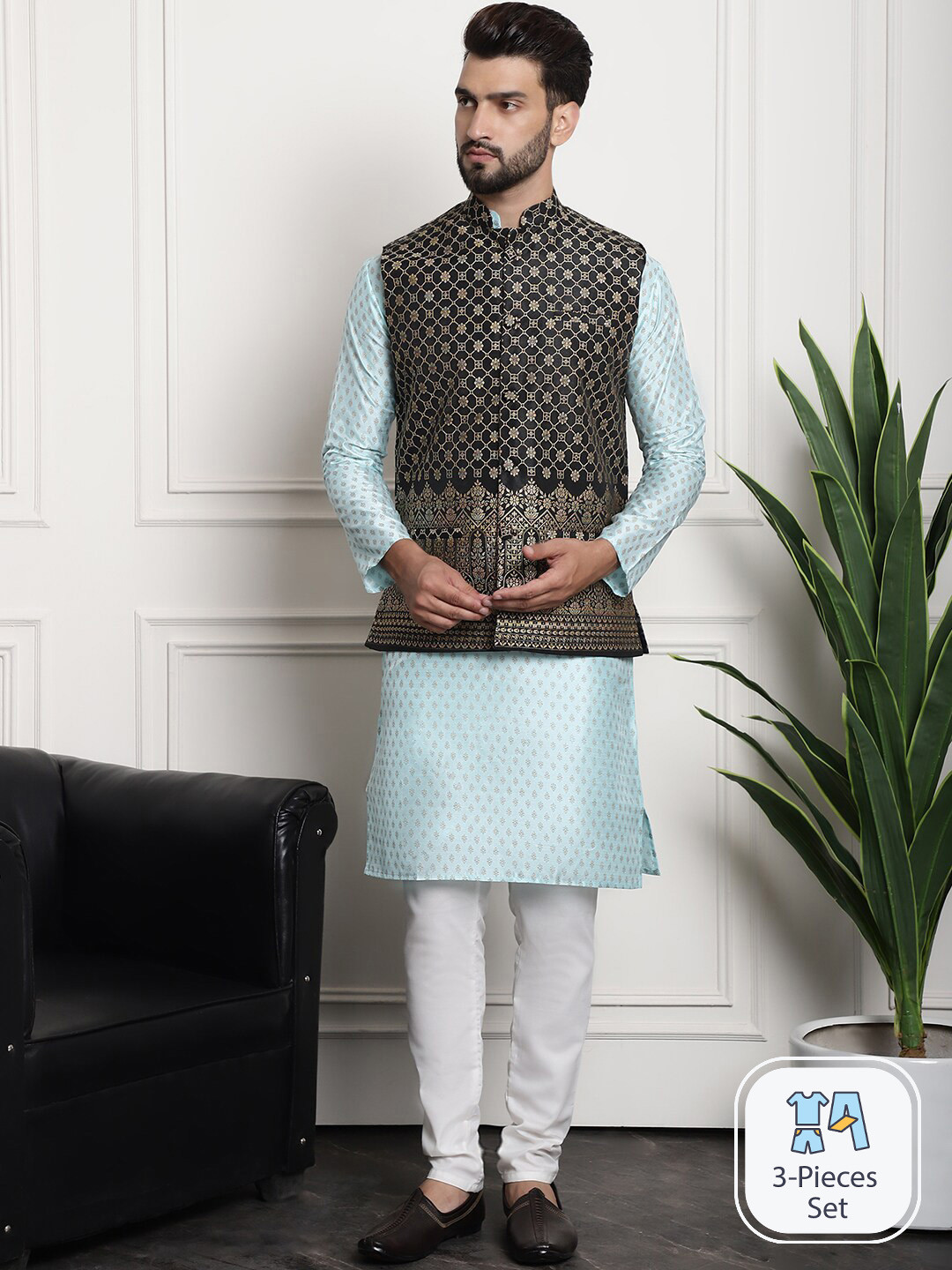SOJANYA Woven Design Regular Kurta with Churidar & Woven Design Nehru Jacket