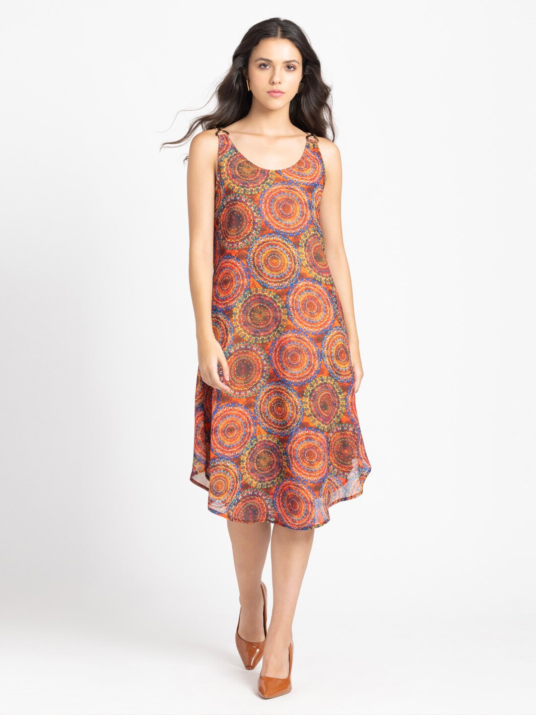 SHAYE Ethnic Motifs Print Georgette A-Line Midi Dress