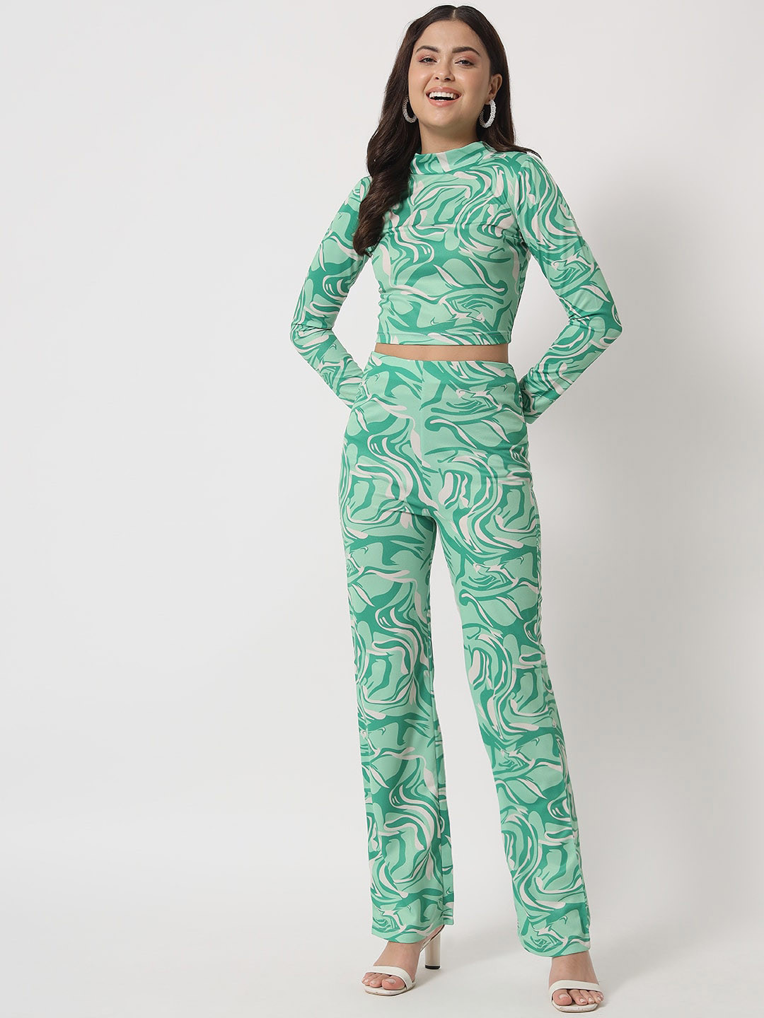 Chemistry Abstract Printed High Neck Crop Top With Trousers