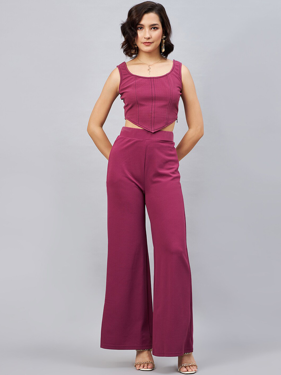 Chemistry Self Design Square Neck Top & Trousers Co-Ords