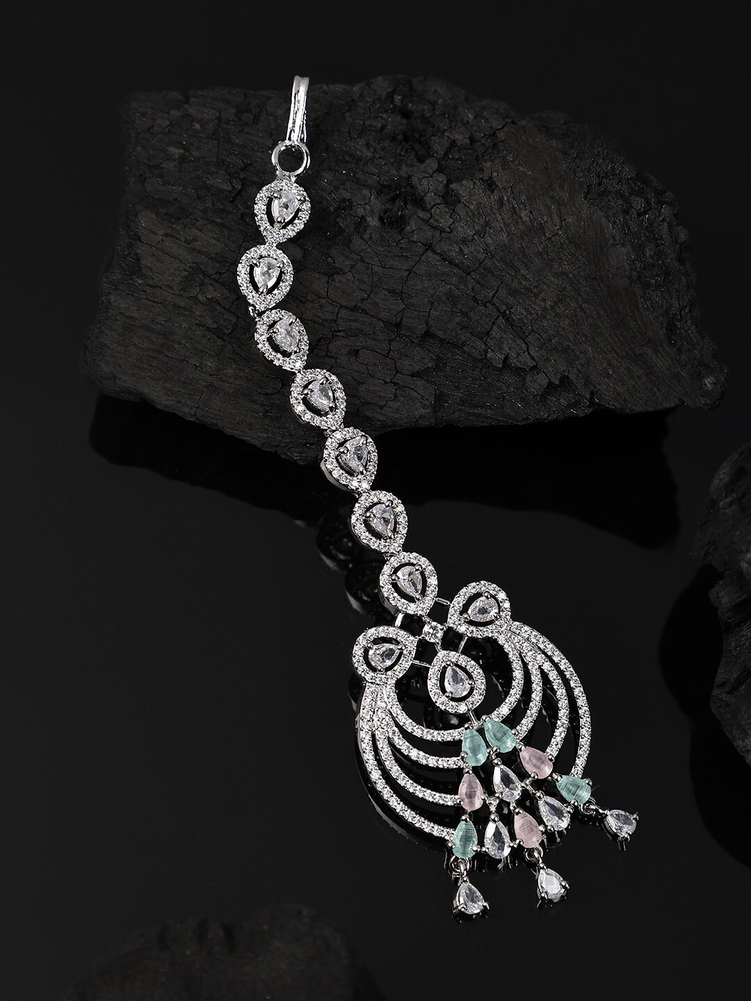 Bhana Fashion Silver-Plated AD Studded Maang Tikka