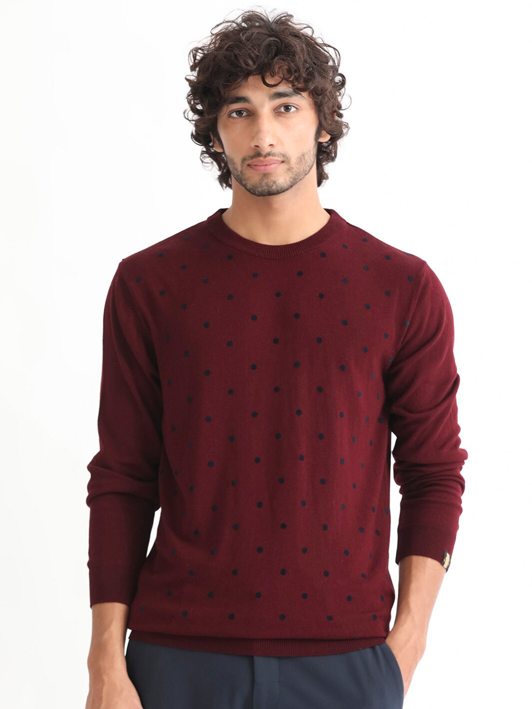RARE RABBIT Men Flock Crew Neck Polka Dots Printed Sweater