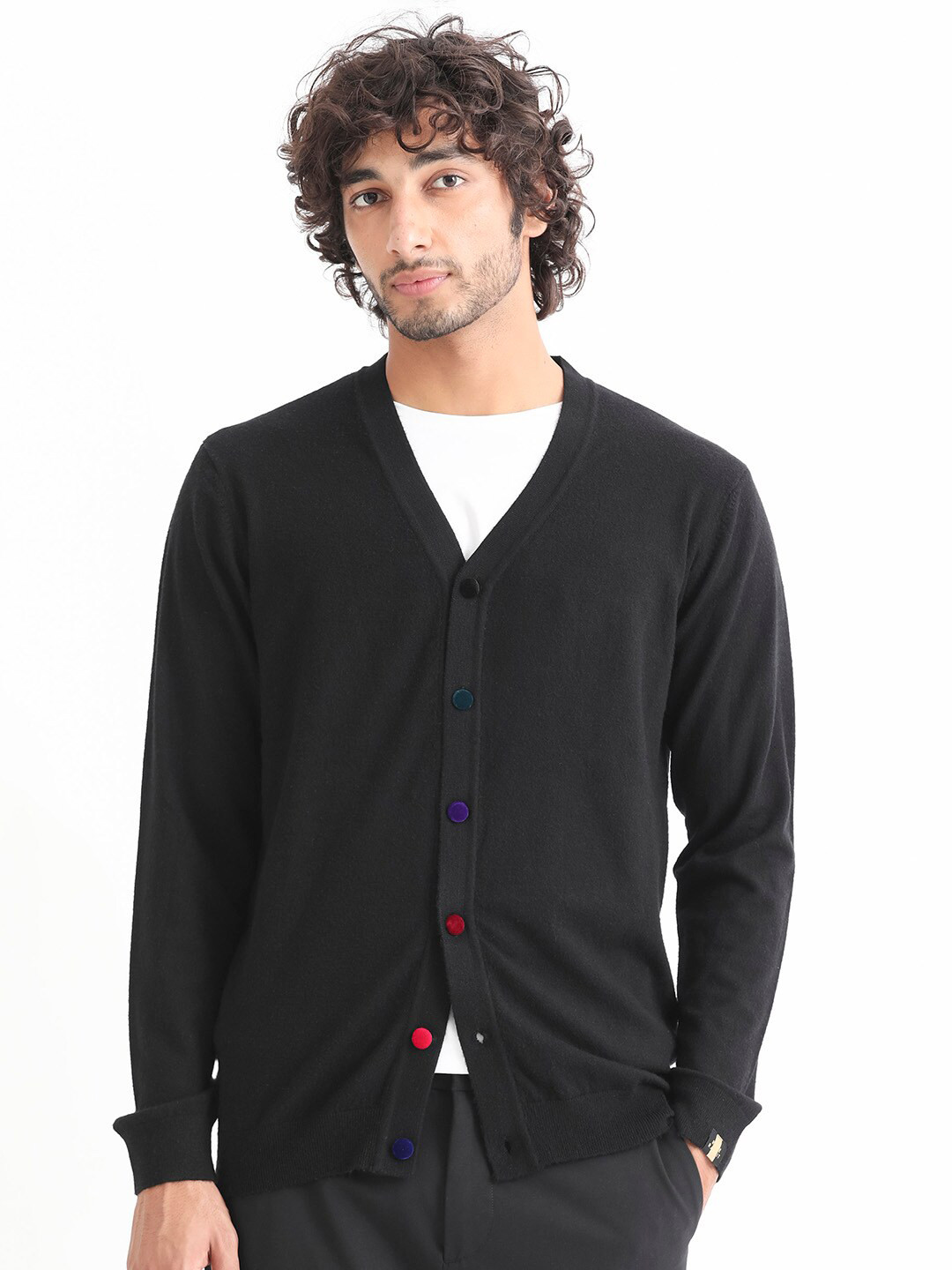 RARE RABBIT Men Gem Solid V-Neck Front Open Cardigan