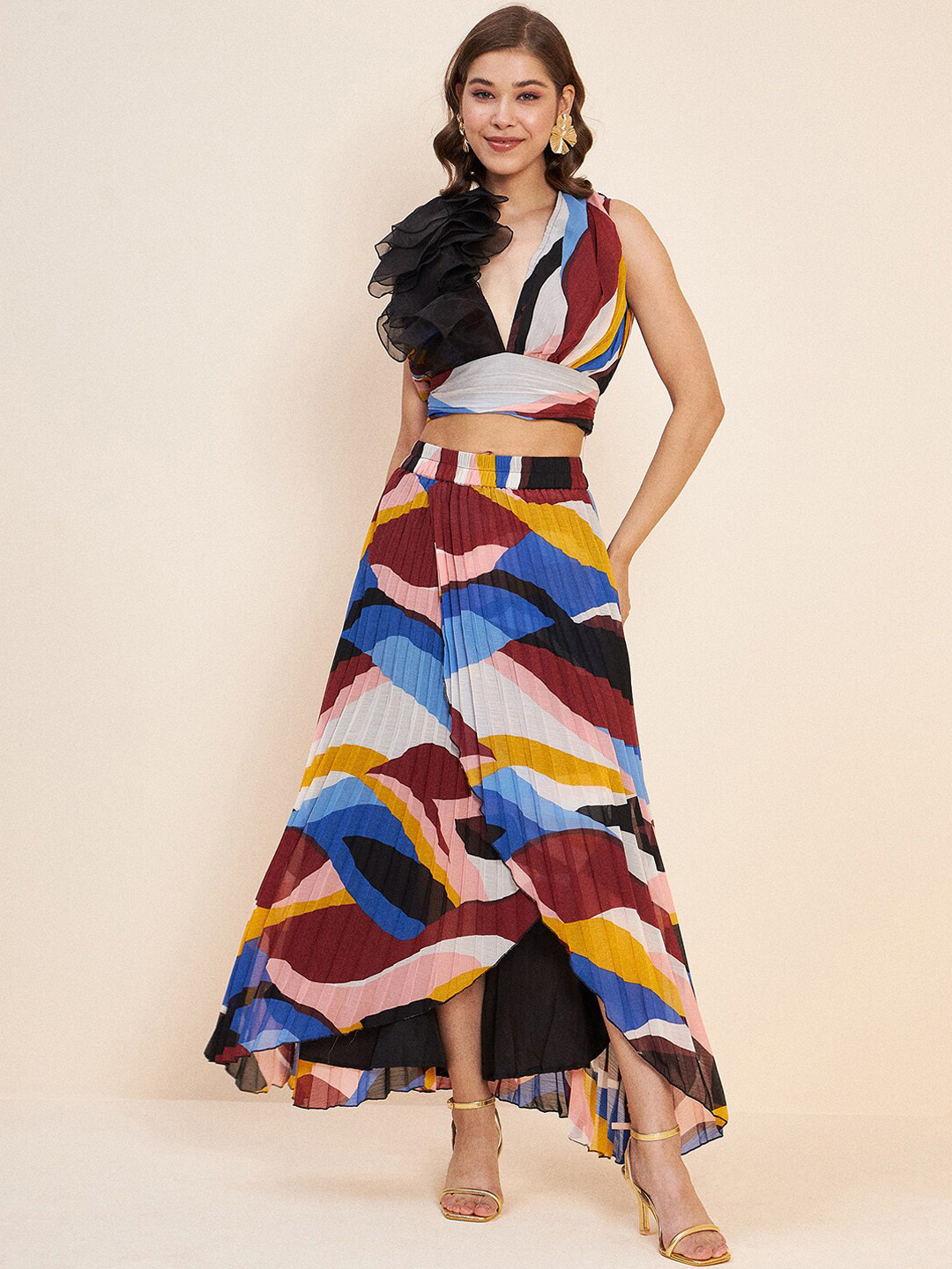 Antheaa Blue Printed Crop Top & Skirt