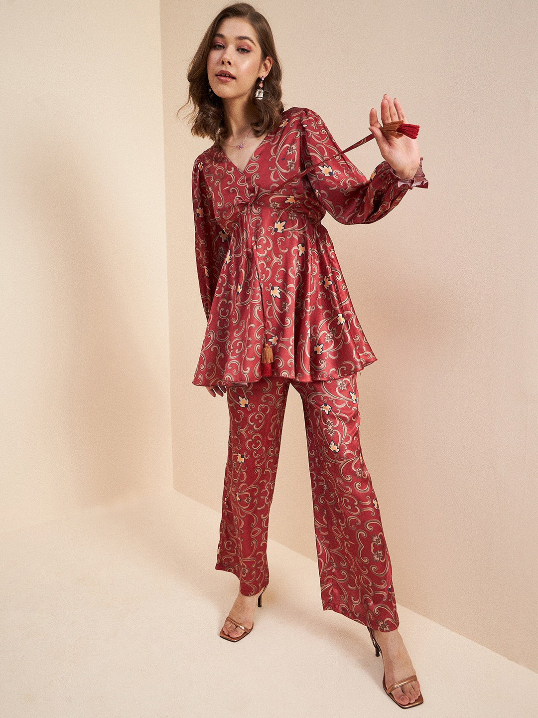 Antheaa Rust Printed V-Neck Top & Trousers