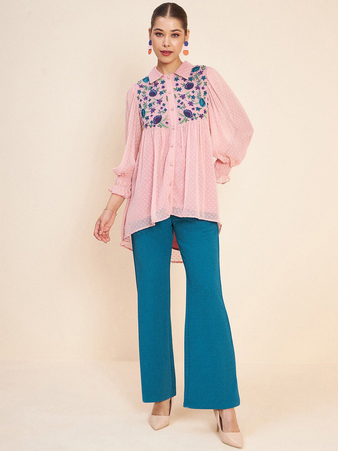 Antheaa Pink Self Design Embroidered Top & Palazzos