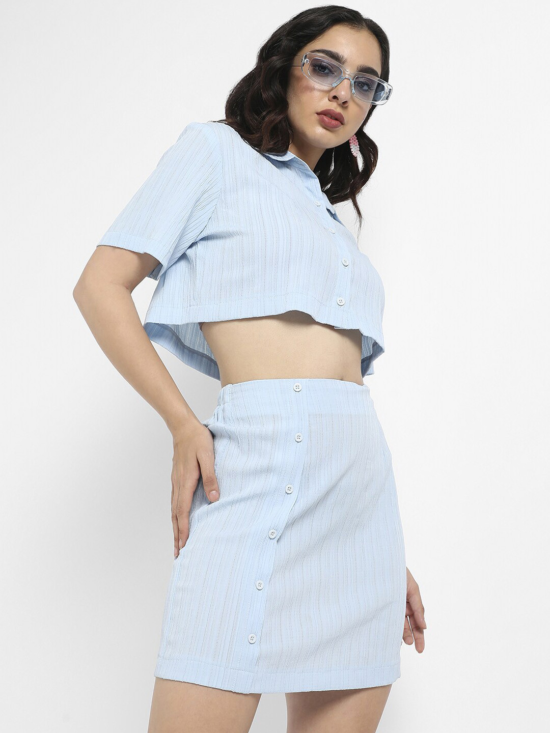 Campus Sutra Light Blue Shirt Collar Co-Ord Set