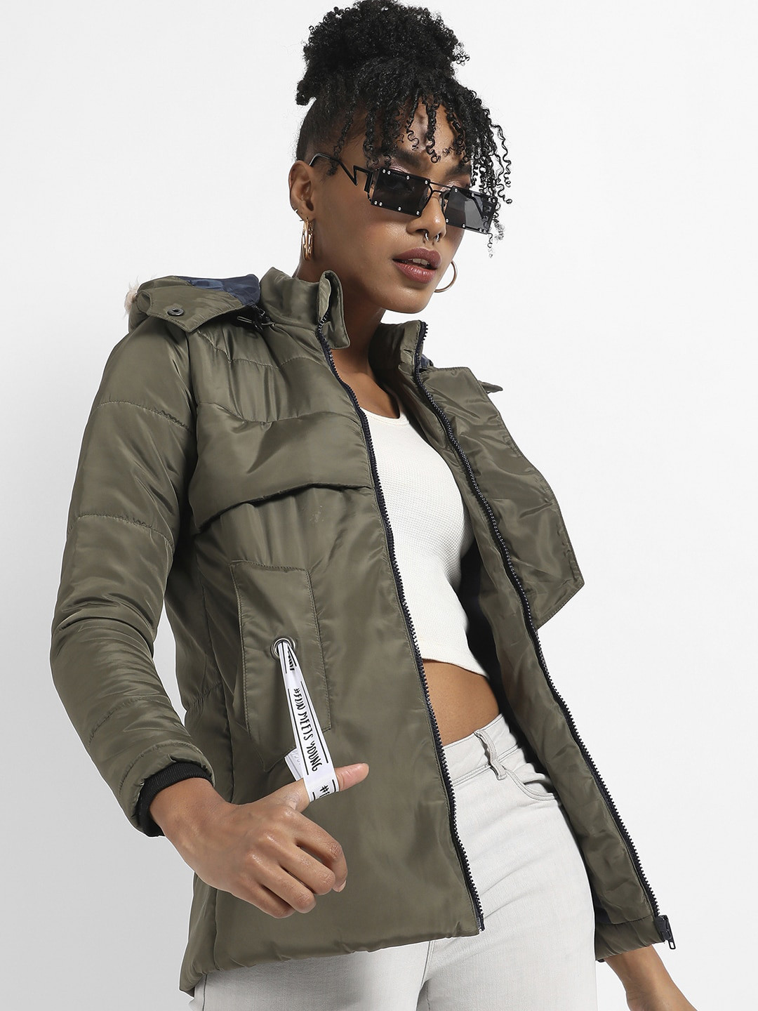 Campus Sutra Striped Hooded Faux Leather Trim Windcheater Padded Jacket