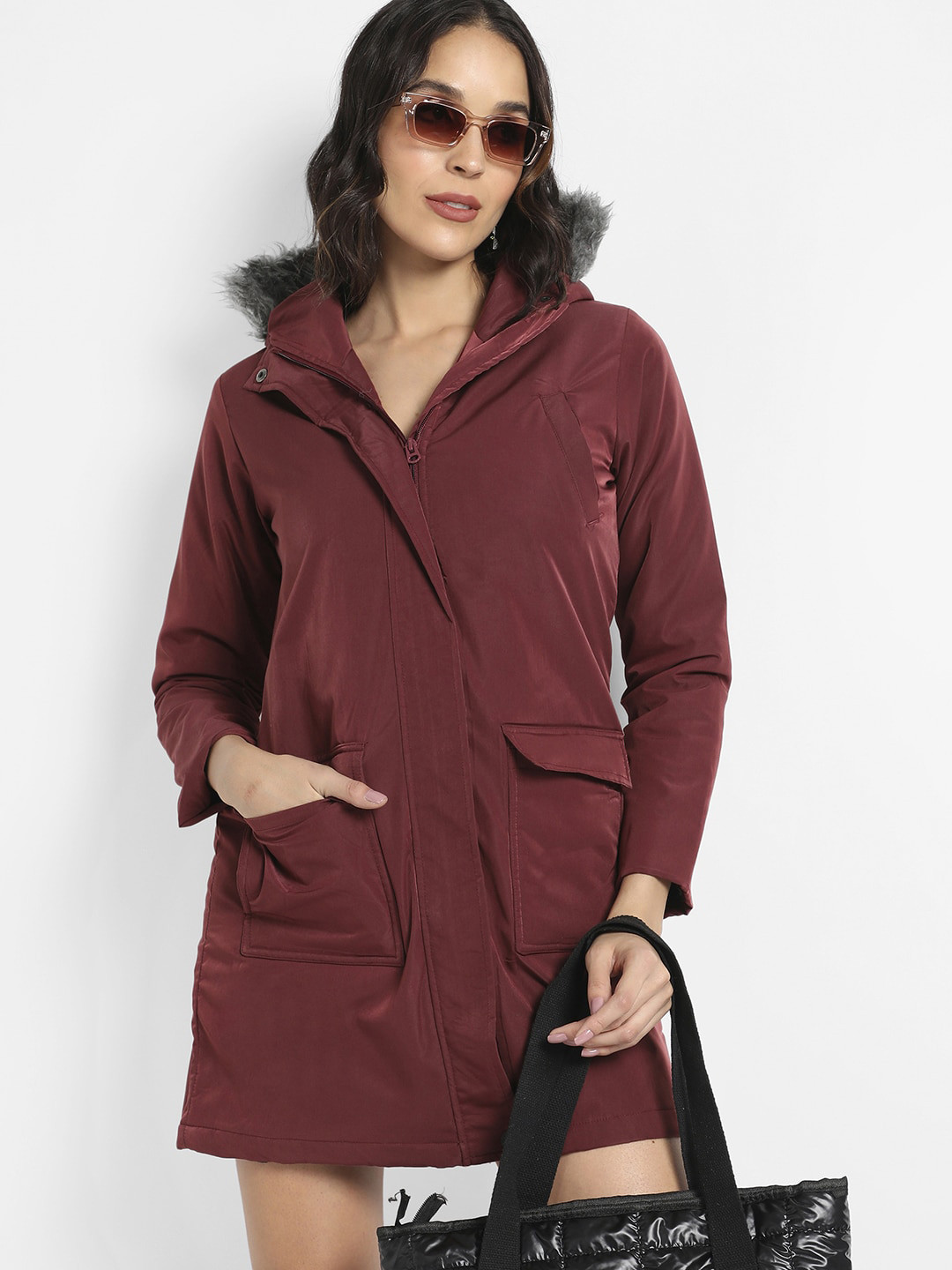 PINACOLADA Women Maroon Floral Windcheater Longline Outdoor Parka Jacket