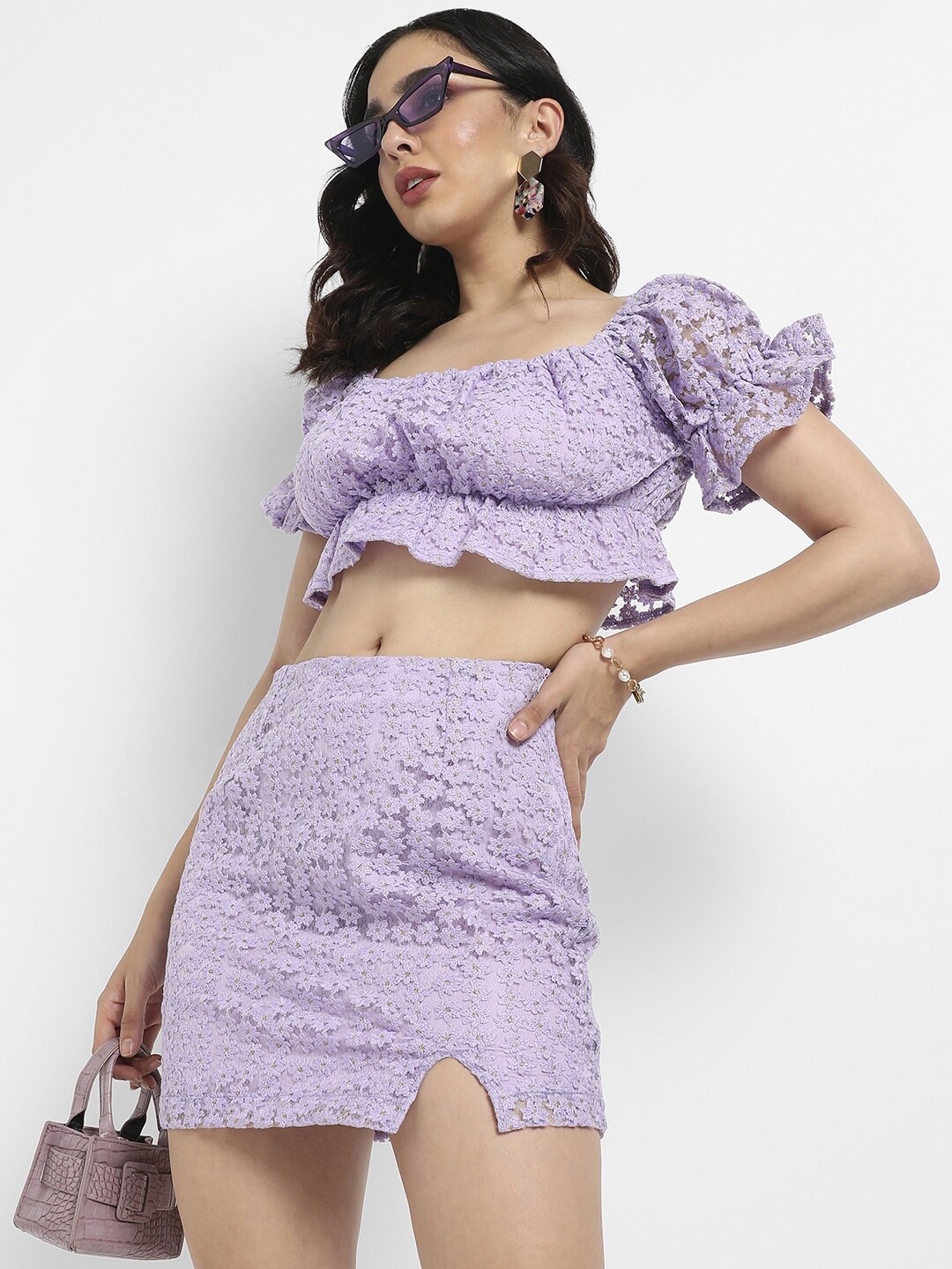 Lavender Embroidered Co-Ords with Square Neck