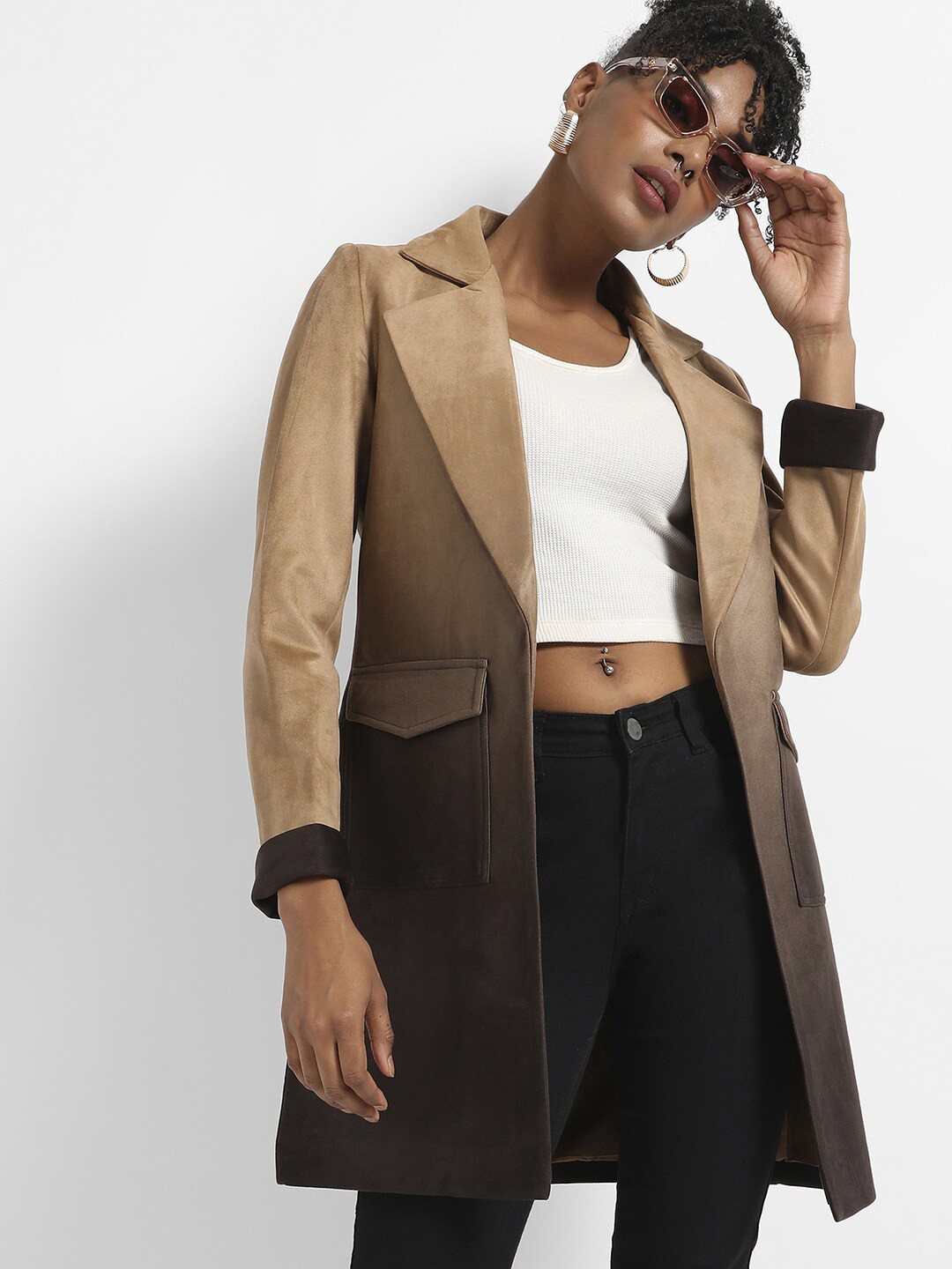Campus Sutra Brown  Ombre Design Single-Breasted Overcoat