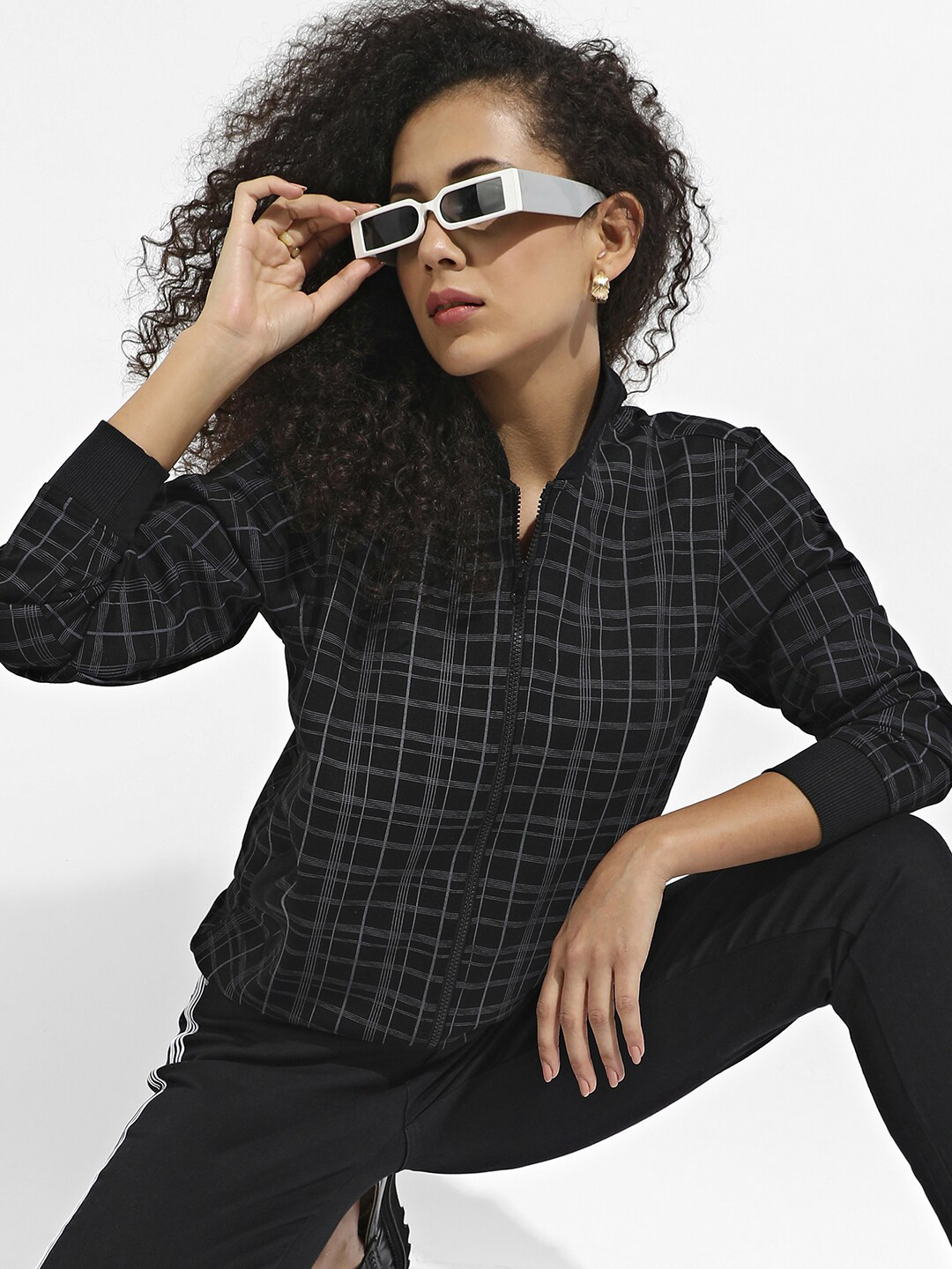 Campus Sutra Women Black Checked Windcheater Longline Outdoor Tailored Jacket