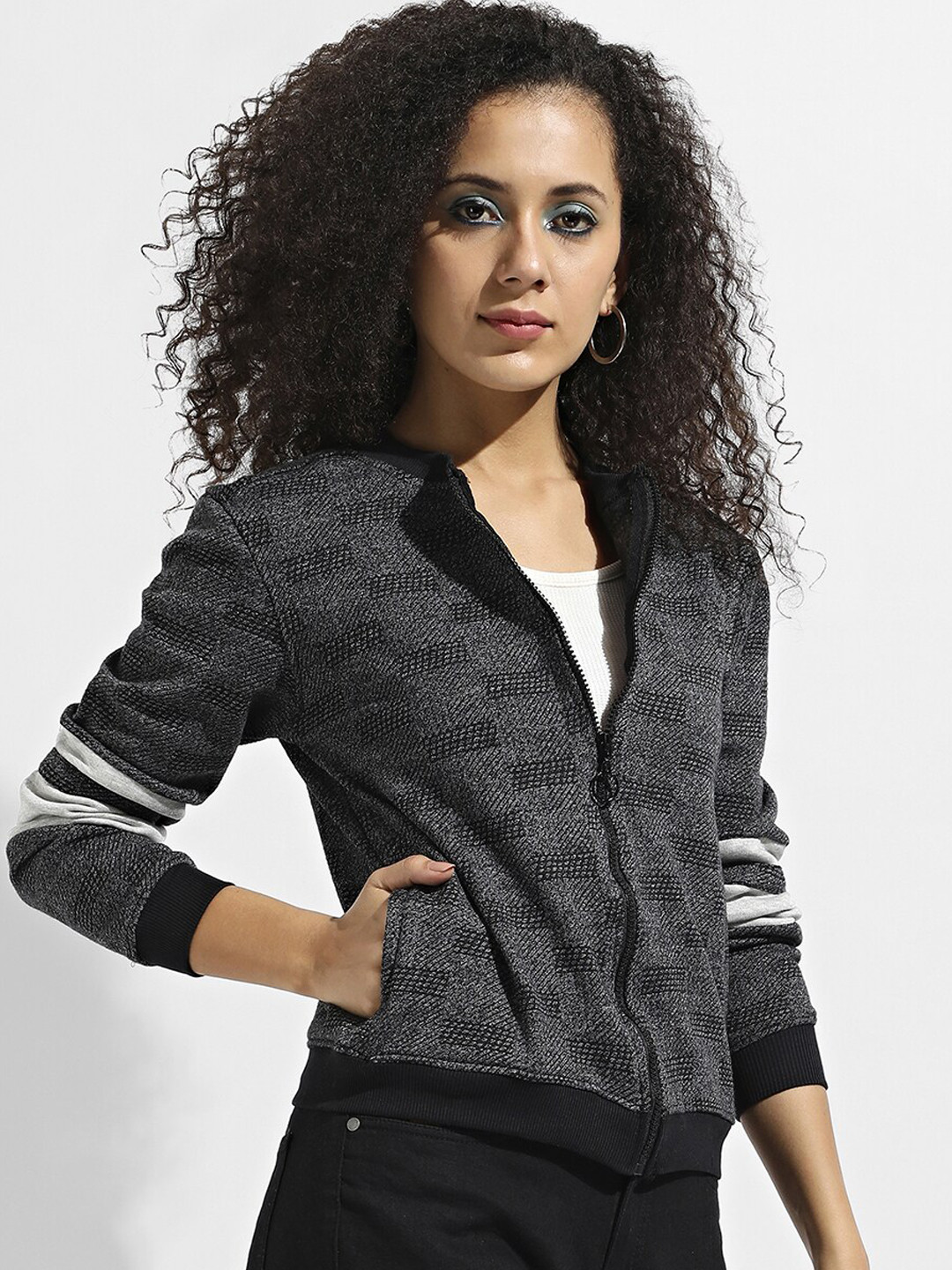 Charcoal Geometric Windcheater Bomber Jacket