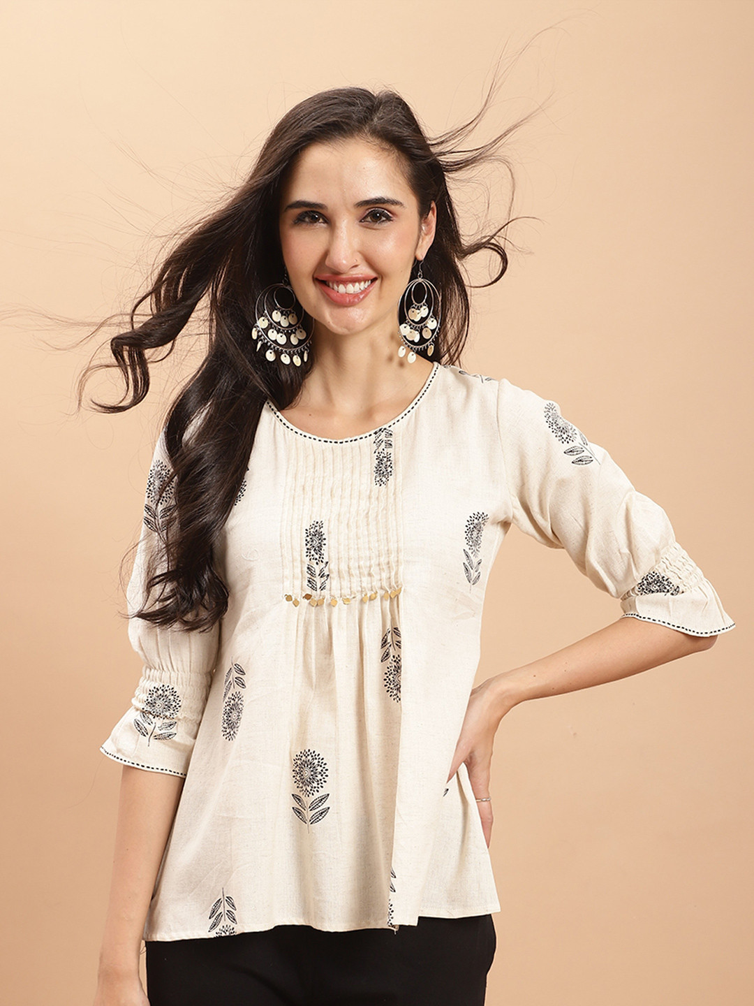 Rajnandini Floral Printed Bell Sleeve Cotton A-Line Top